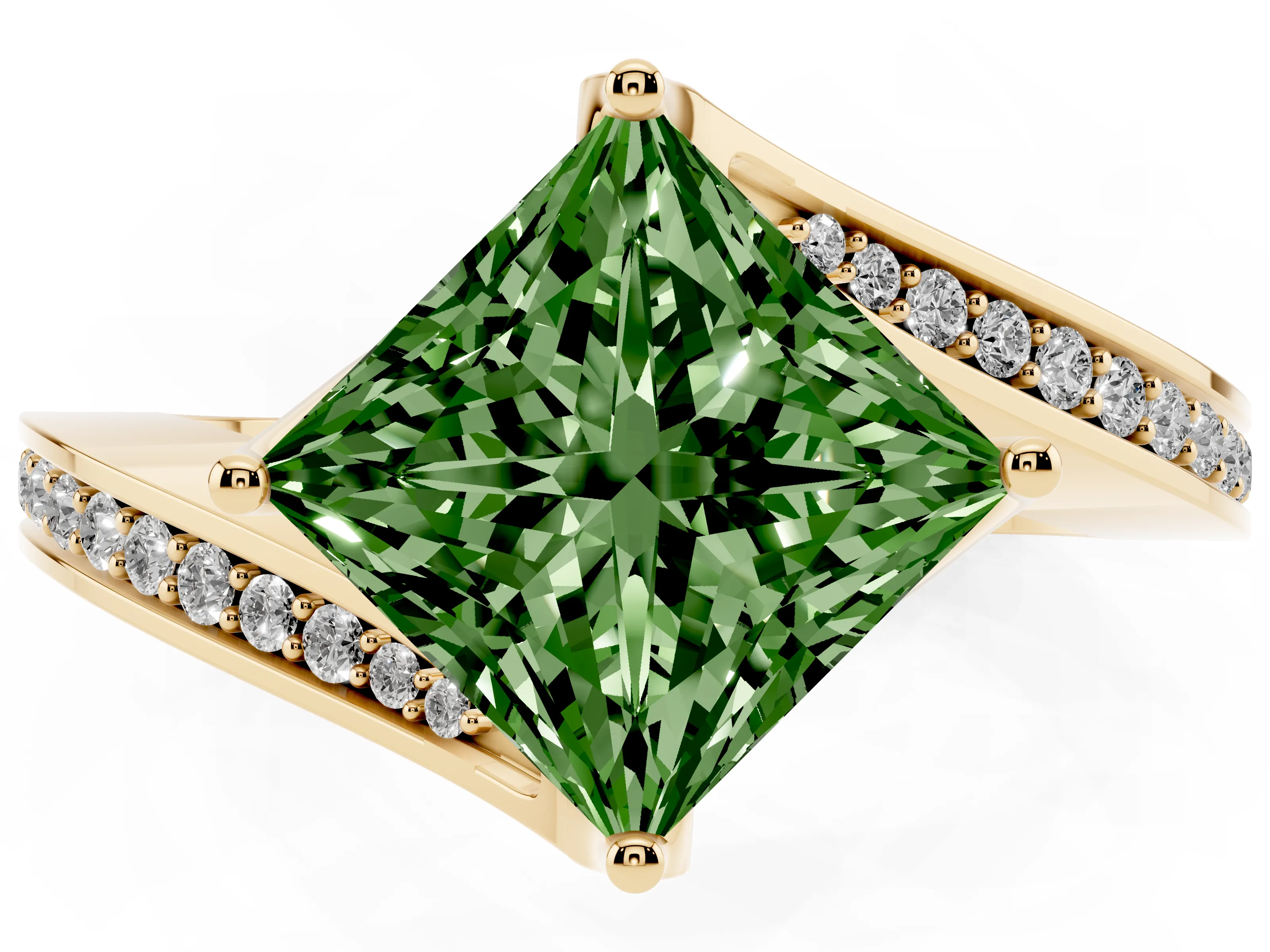 Fancy Green Princess Cut Diamond Solitaire Ring Set in Yellow gold with Intertwined Pavé Twist Band
