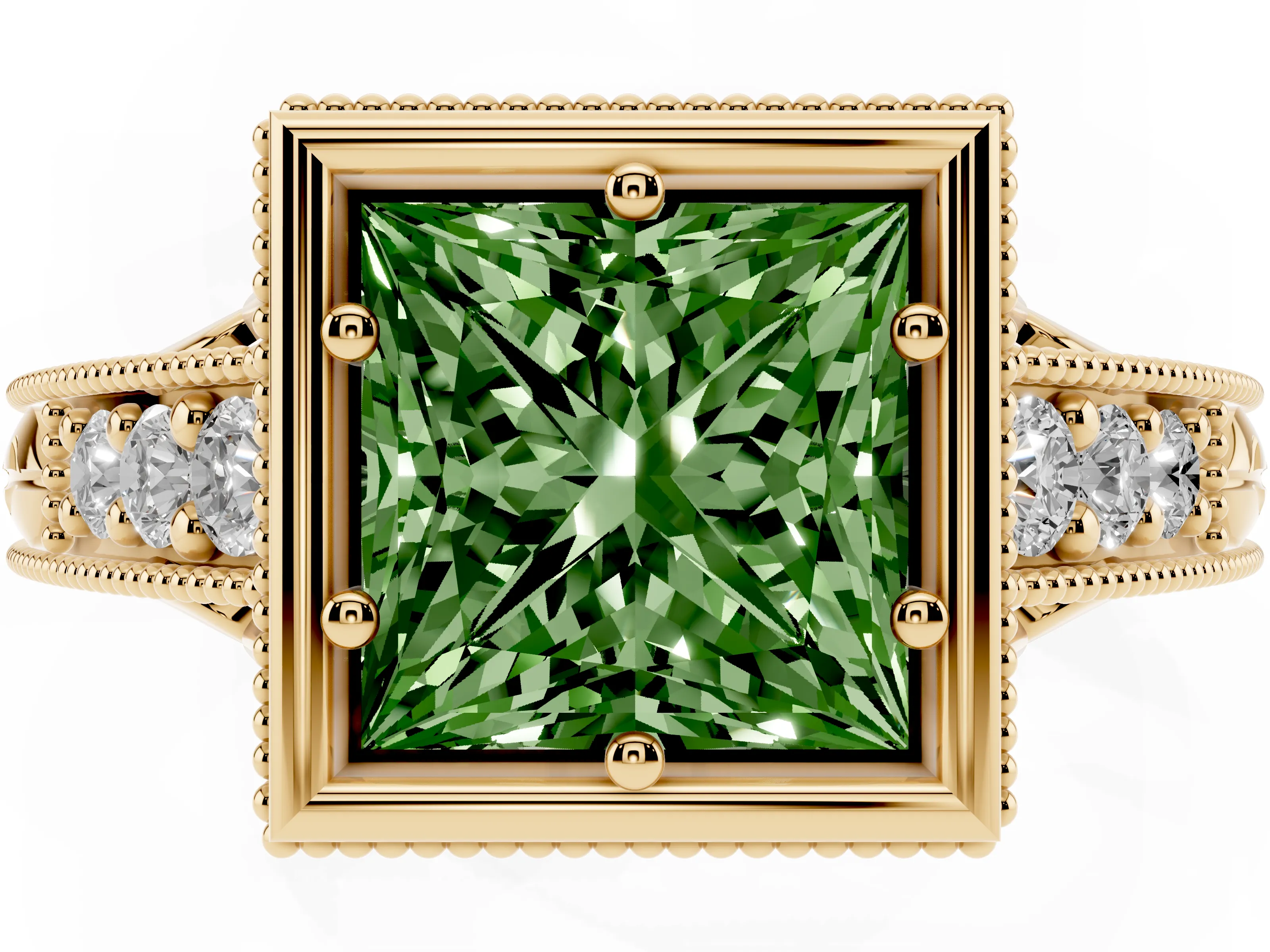 Fancy Green Bezel Set Princess Cut Diamond Milgrain Pavé Engagement Ring Set in Yellow gold