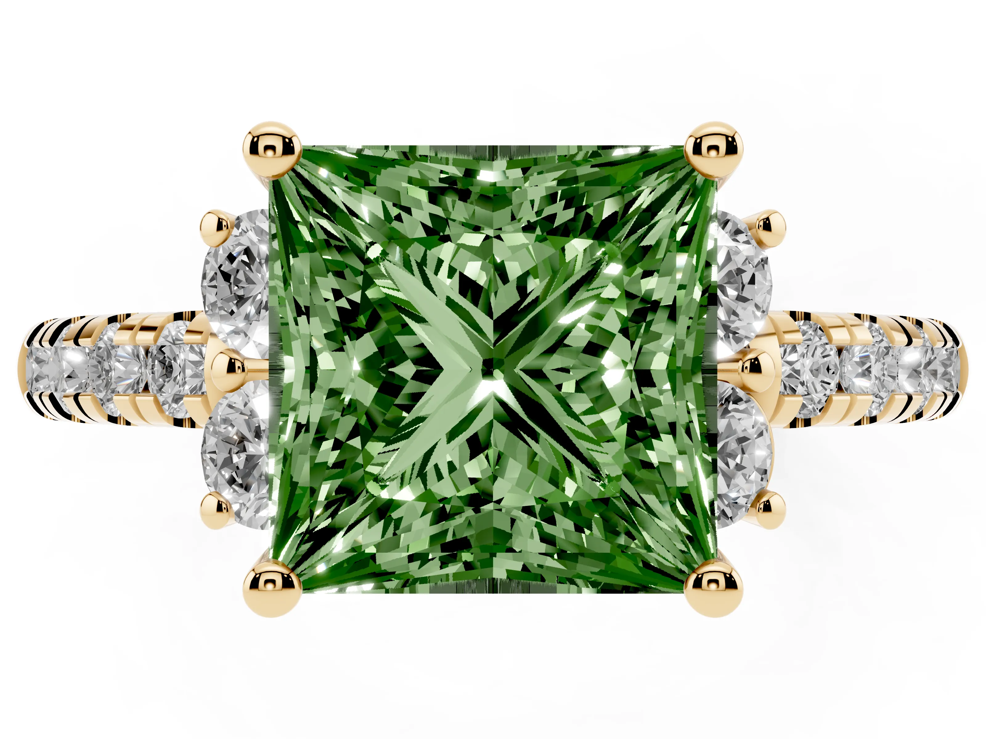 Fancy Green Princess Cut Diamond Three-Stone Pavé Ring Set in Yellow gold with Prong Setting
