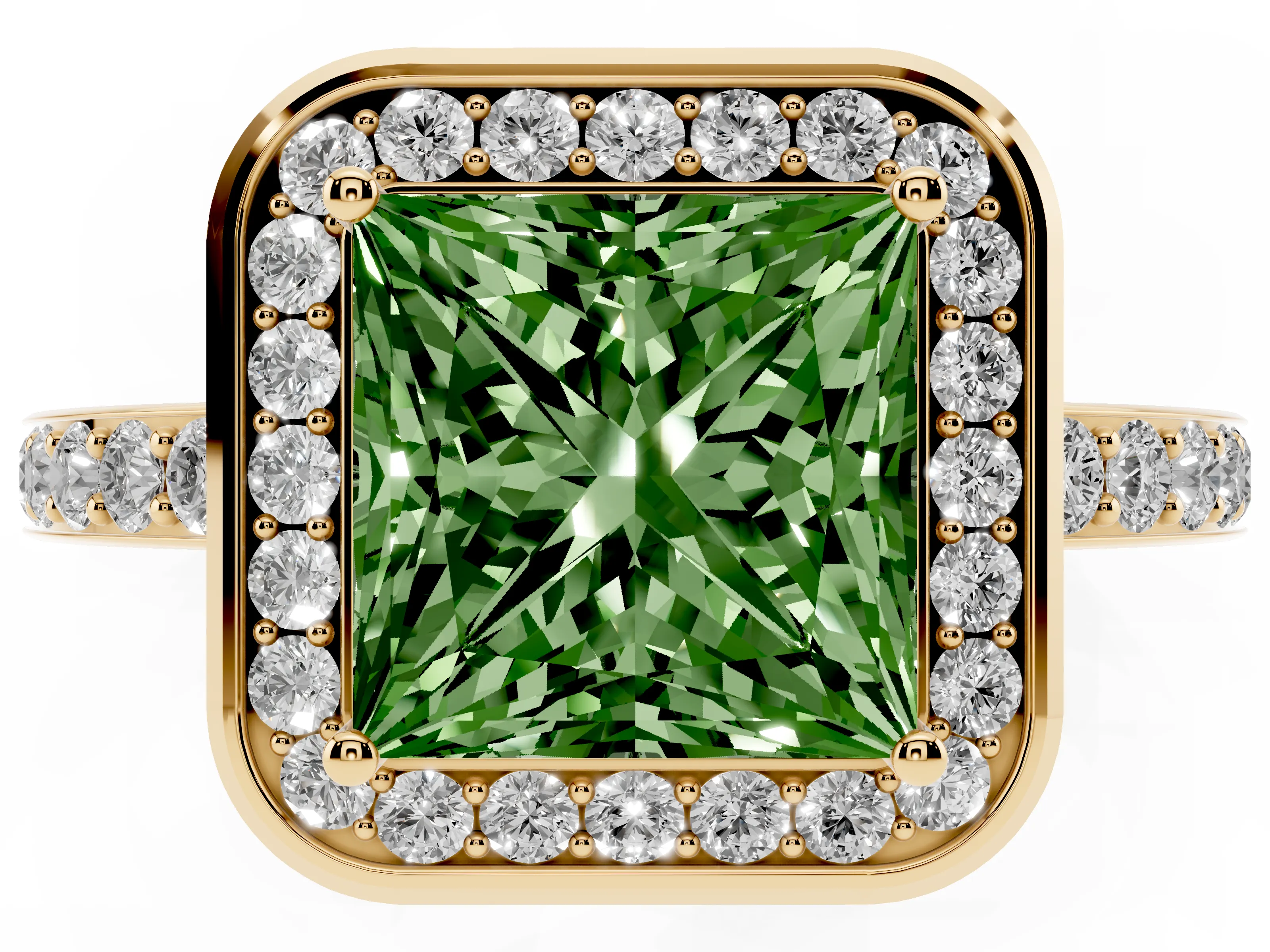 Fancy Green Princess Cut Diamond Halo Ring Set in Yellow gold with Bezel Frame and Pavé Band