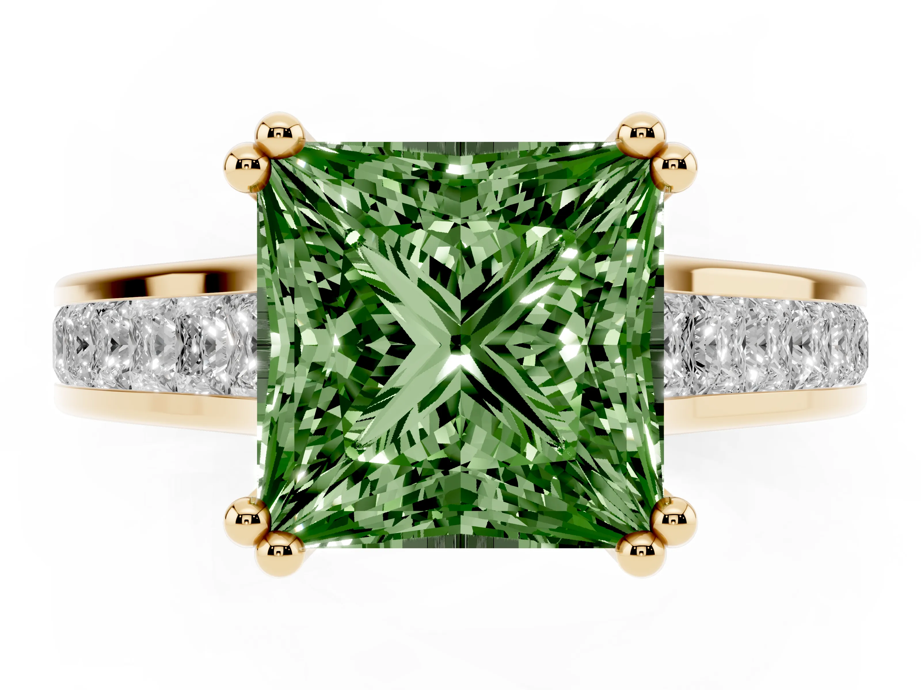 Fancy Green Princess Cut Diamond Channel Set Solitaire Engagement Ring Set in Yellow gold with Prong Setting