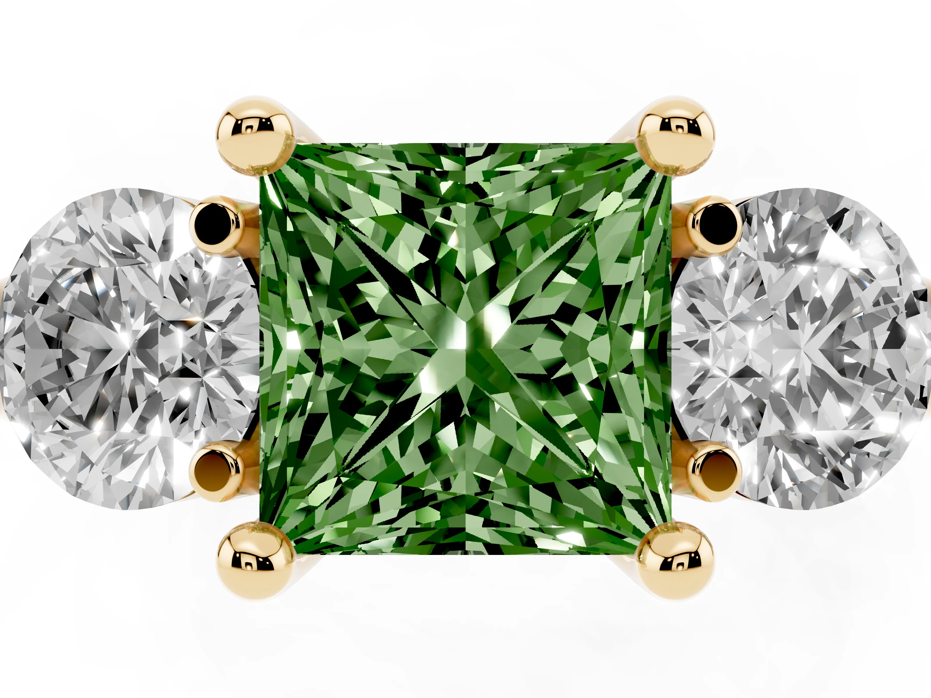 Fancy Green Princess Cut Diamond Three-Stone Ring Set in Yellow gold with Prong Setting and Classic Band