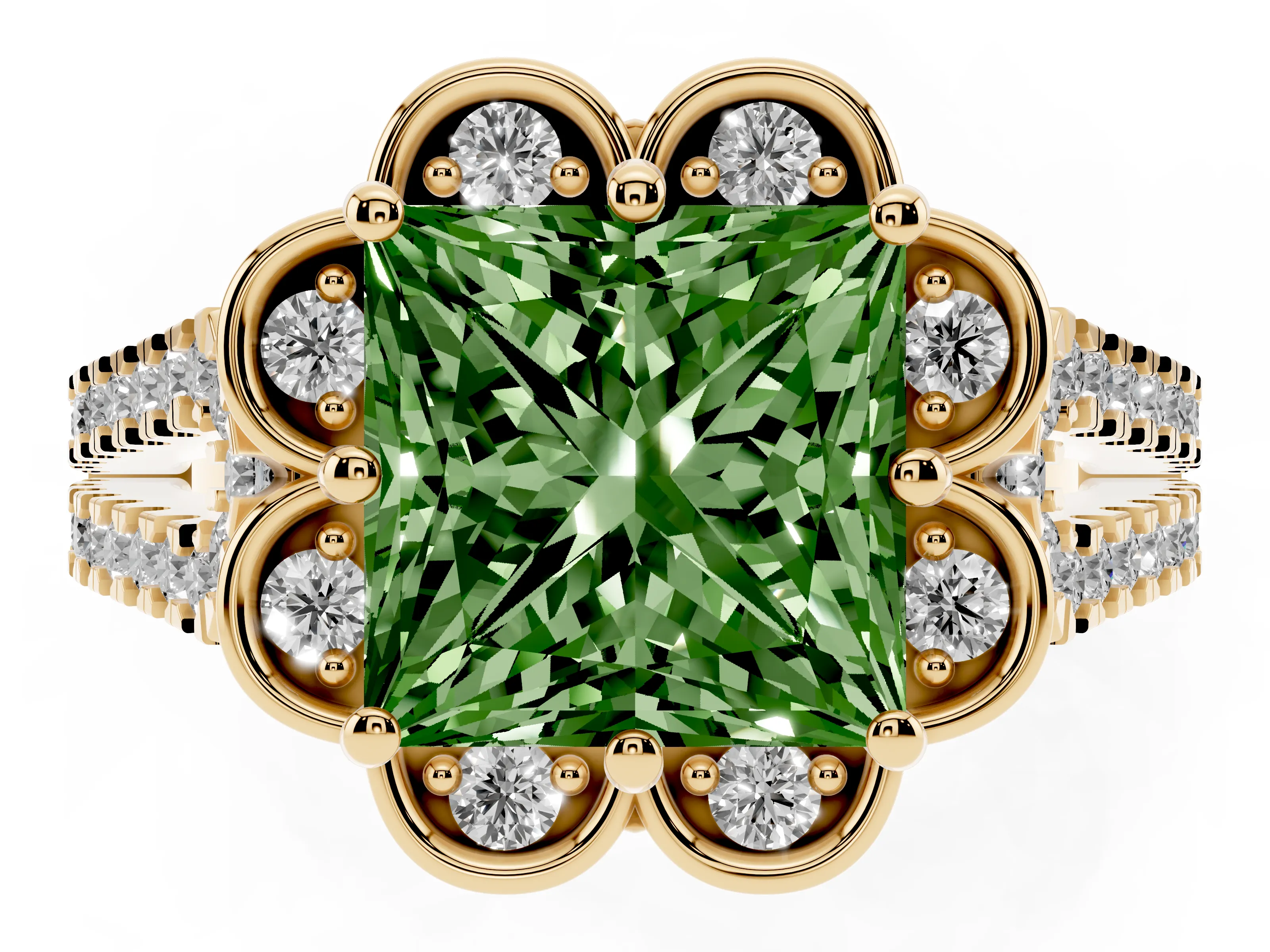 Fancy Green Princess Cut Diamond Floral Halo Split Shank Engagement Ring Set in Yellow gold with Pavé Shank