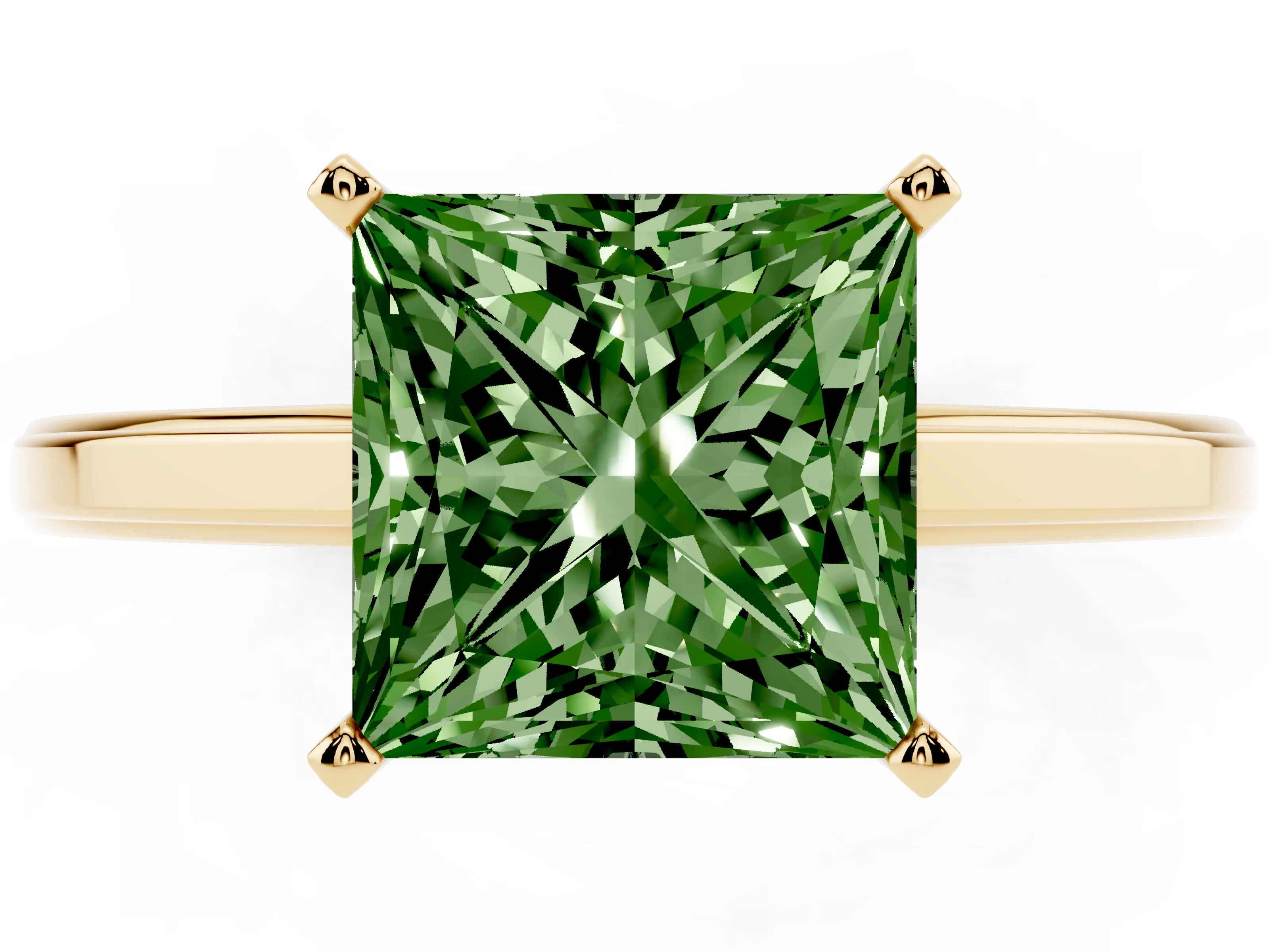 Fancy Green Princess Cut Diamond Solitaire Ring Set in Yellow gold with Prong Setting and Classic Band