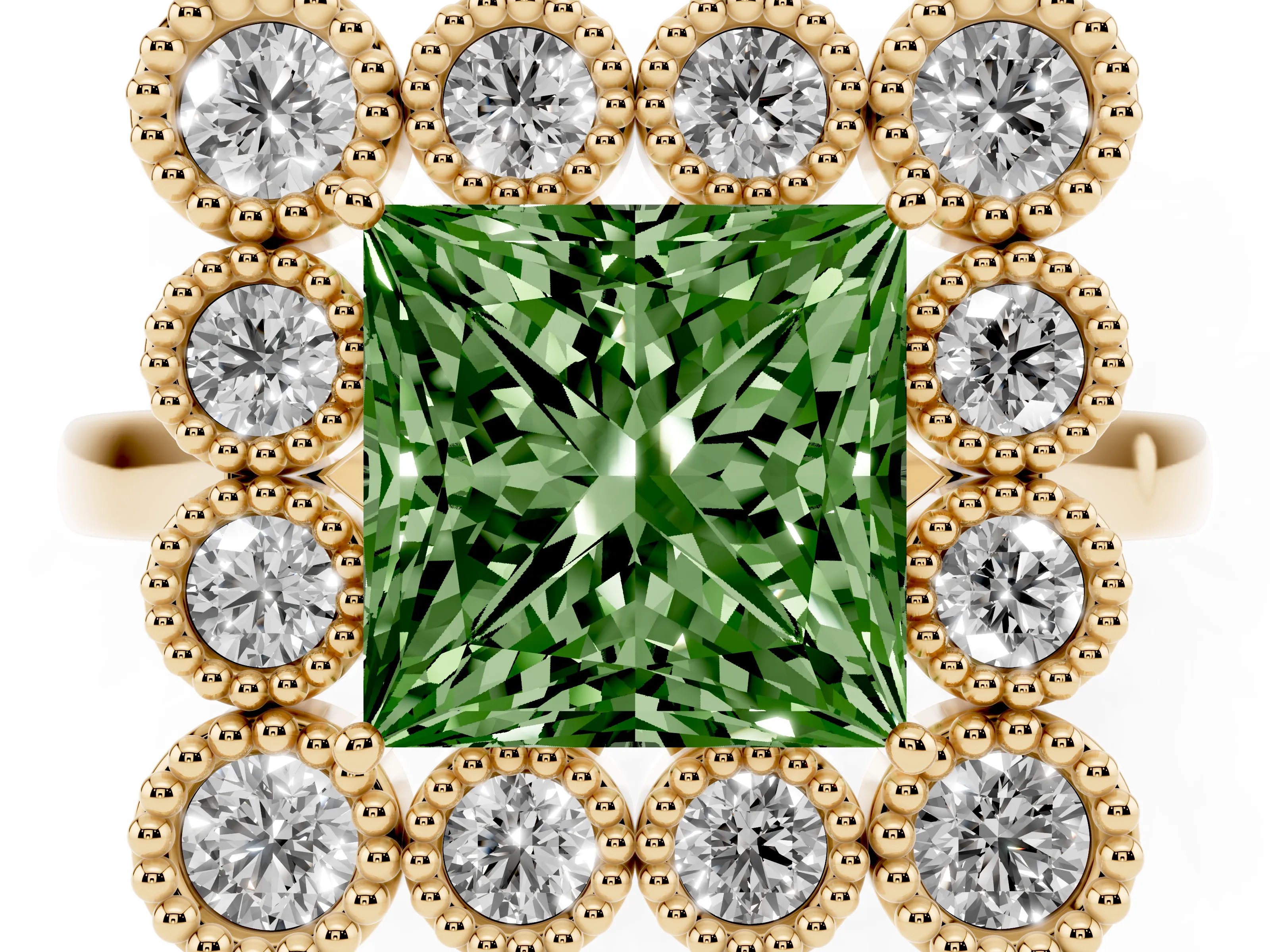 Fancy Green Princess Cut Diamond Cluster Halo Ring Set in Yellow gold with Milgrain Bezel Accents and Plain Band