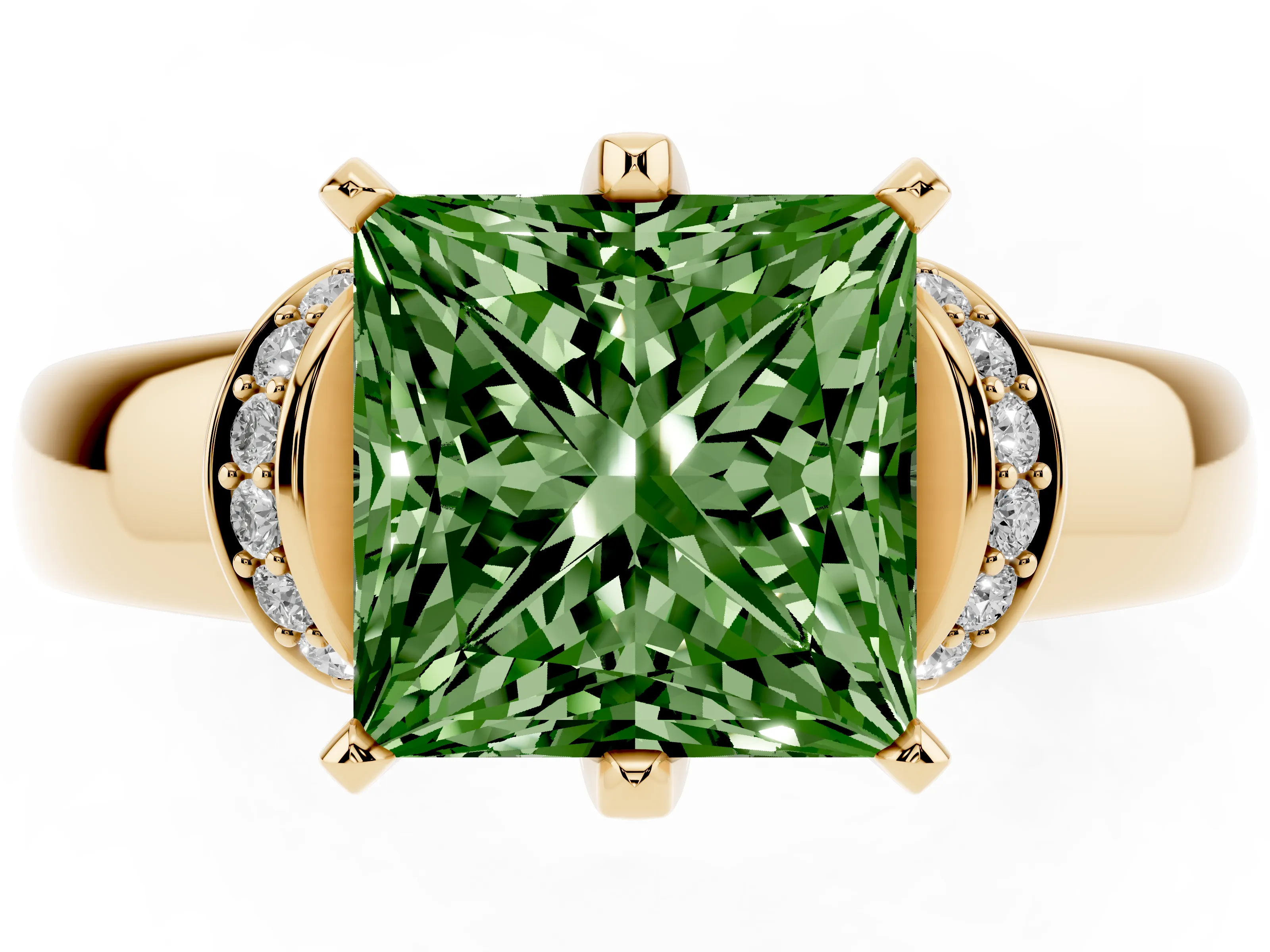 Fancy Green Princess Cut Diamond Pavé Band Solitaire Ring Set in Yellow gold with Prong Setting
