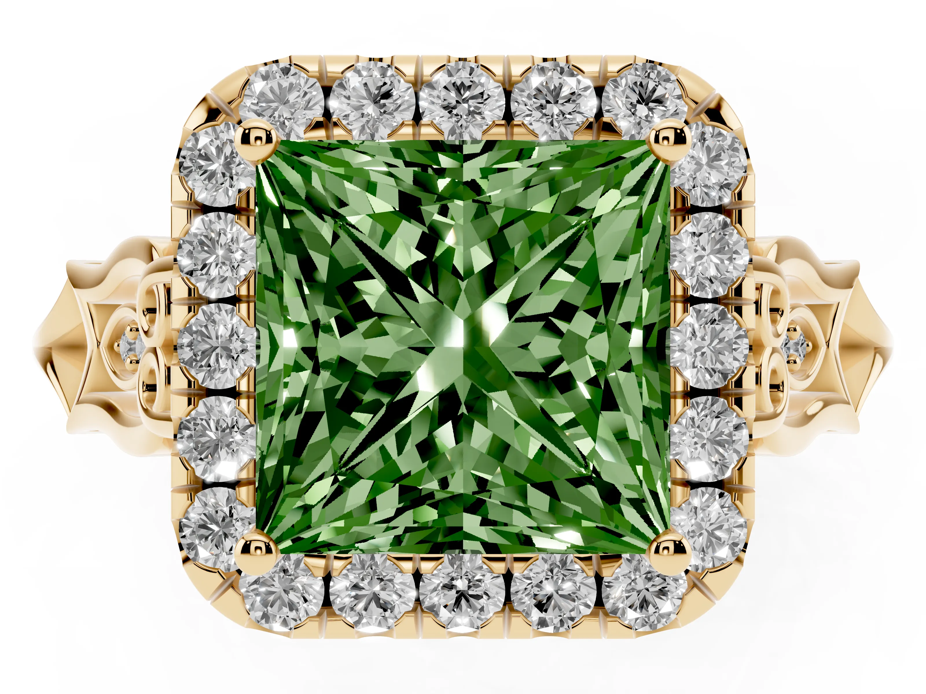 Fancy Green Princess Cut Diamond Halo Engagement Ring Set in Yellow gold with Filigree Band and Prong-Set Center