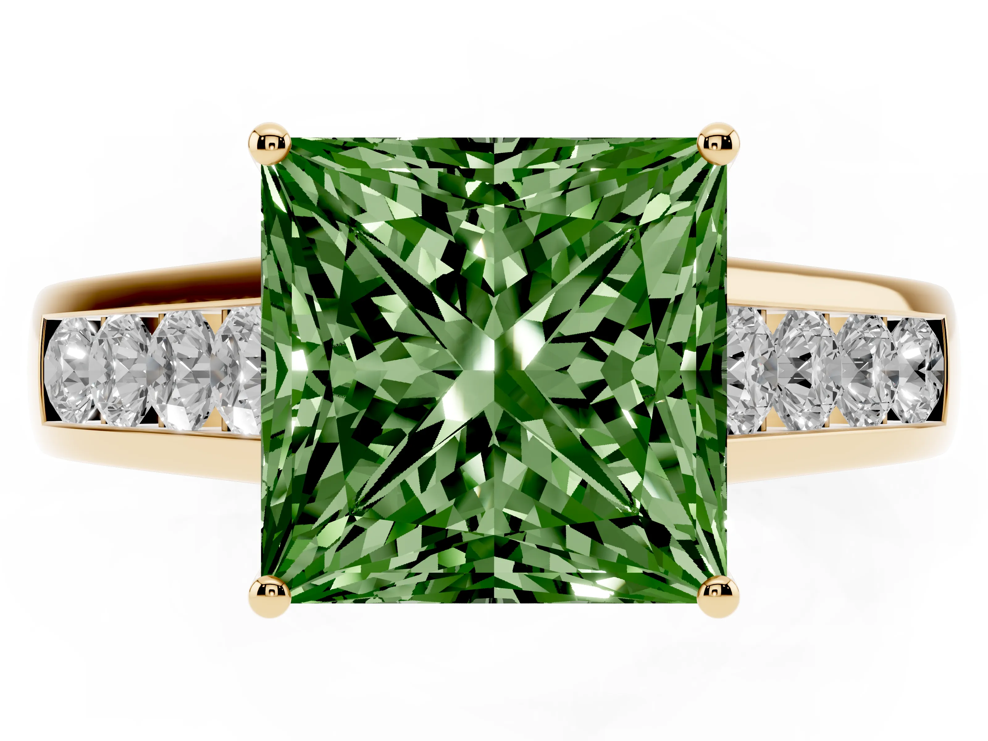 Fancy Green Princess Cut Diamond Solitaire Channel-Set Engagement Ring Set in Yellow gold with Prong Setting