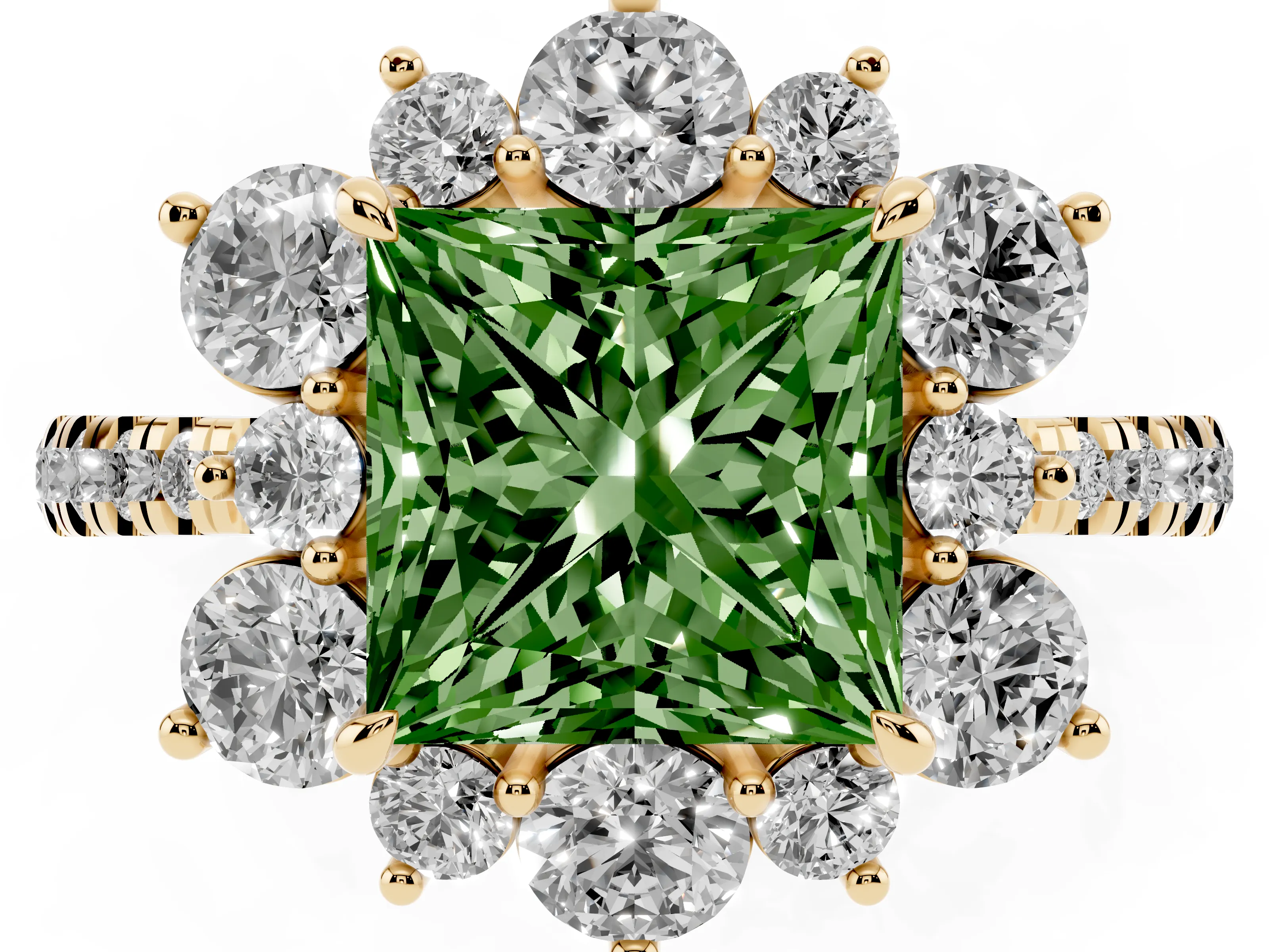 Fancy Green Princess Cut Diamond Floral Halo Ring Set in Yellow gold with Round Pavé Band and Prong Setting