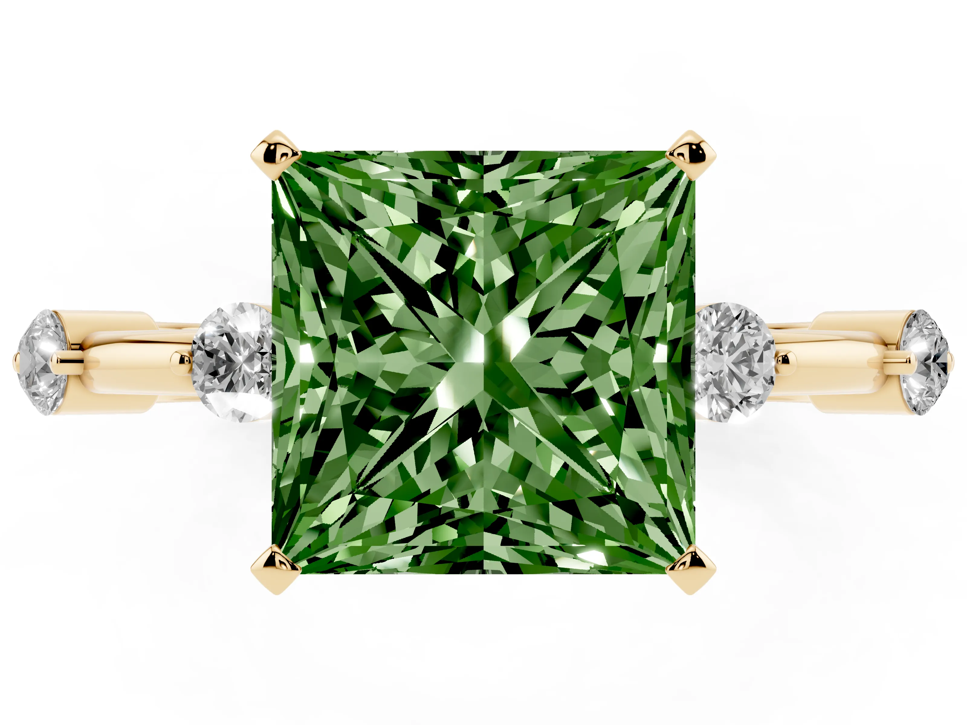 Fancy Green Princess Cut Diamond Solitaire Ring Set in Yellow gold with Bezel Set Side Stones and Prong Setting