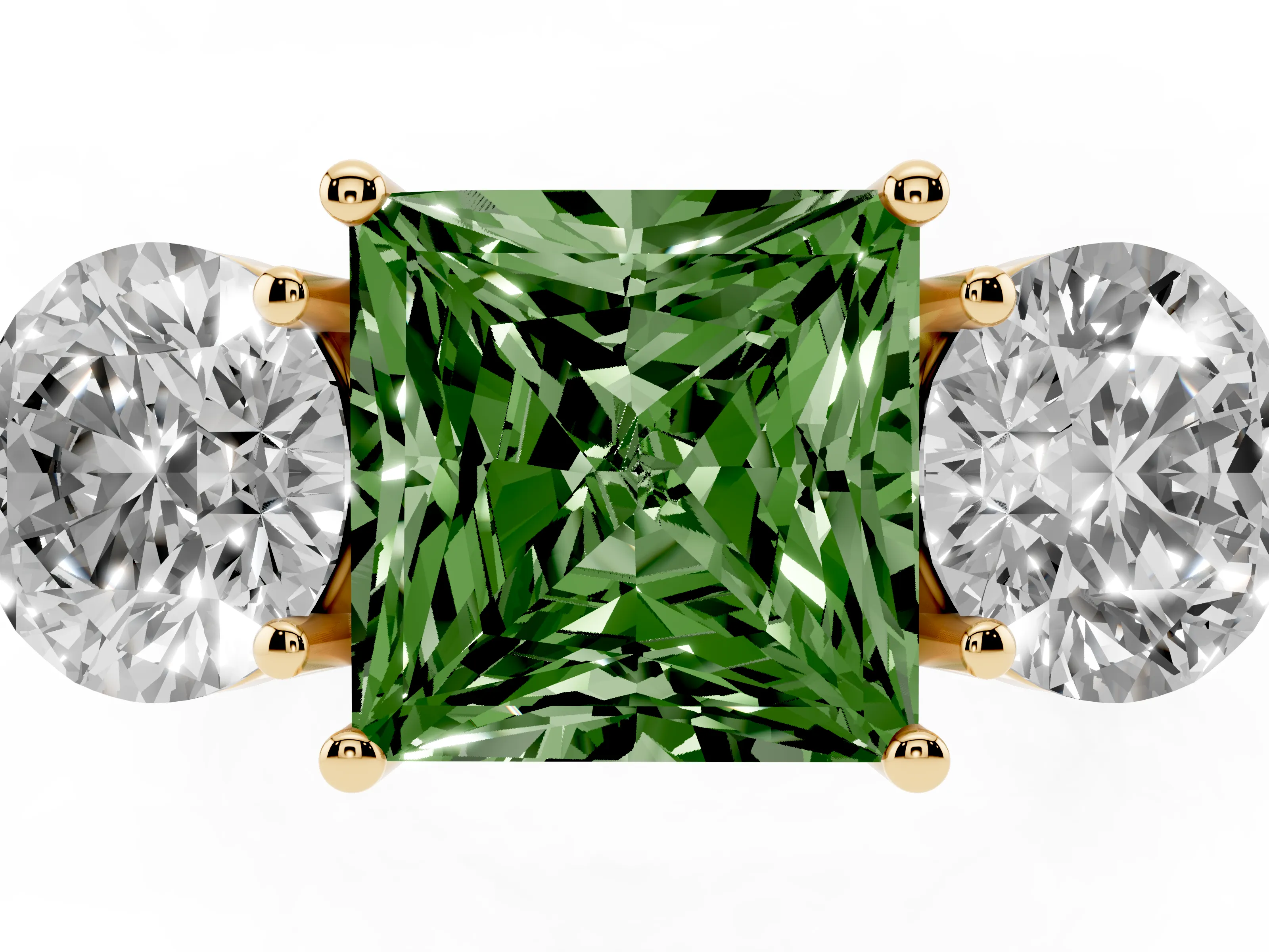 Fancy Green Princess Cut Diamond Three-Stone Ring Set in Yellow gold with Prong Setting and Plain Band