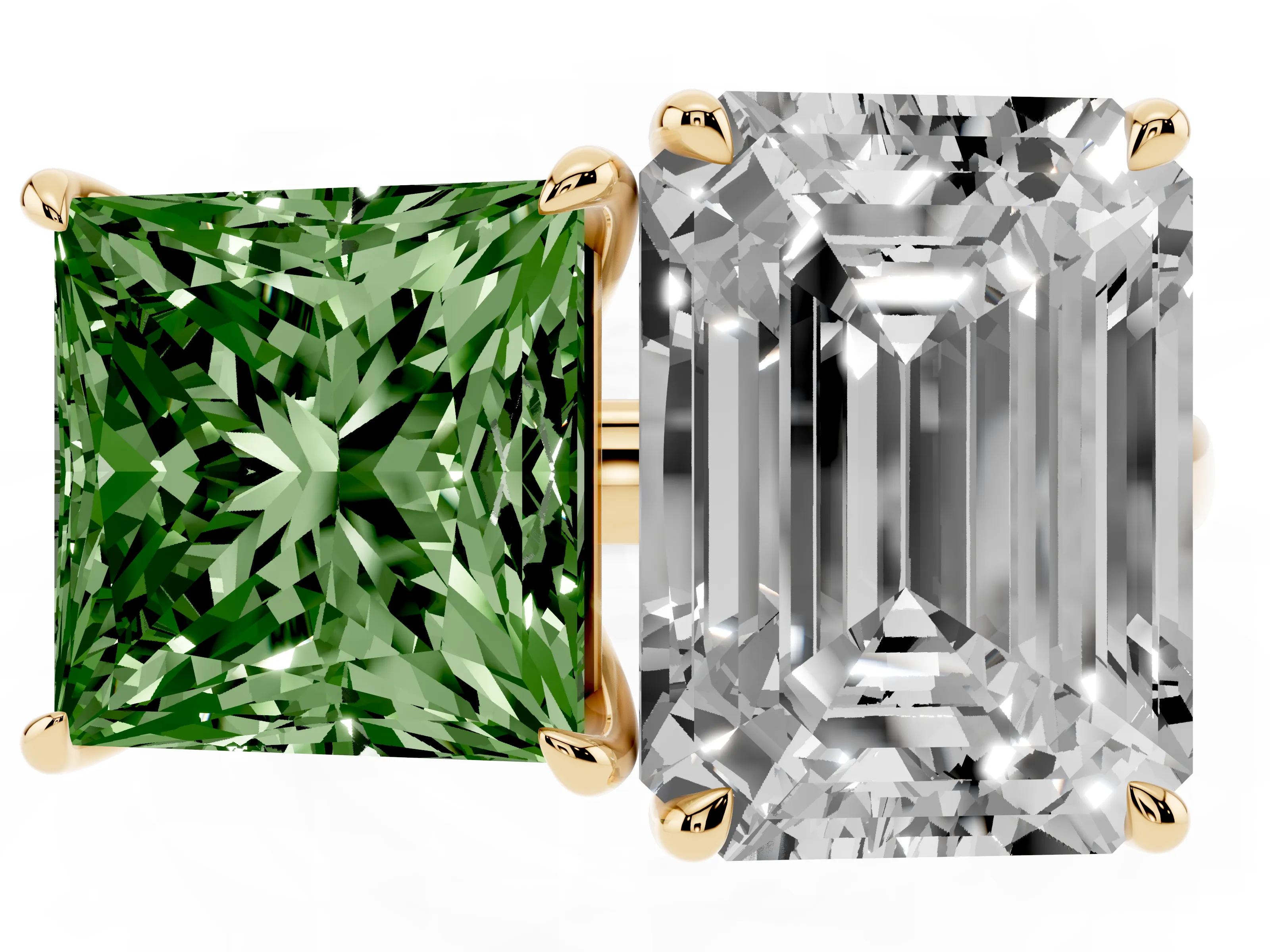 Fancy Green Princess Cut and Emerald Cut Toi Moi Ring Set in Yellow gold with Prong Setting