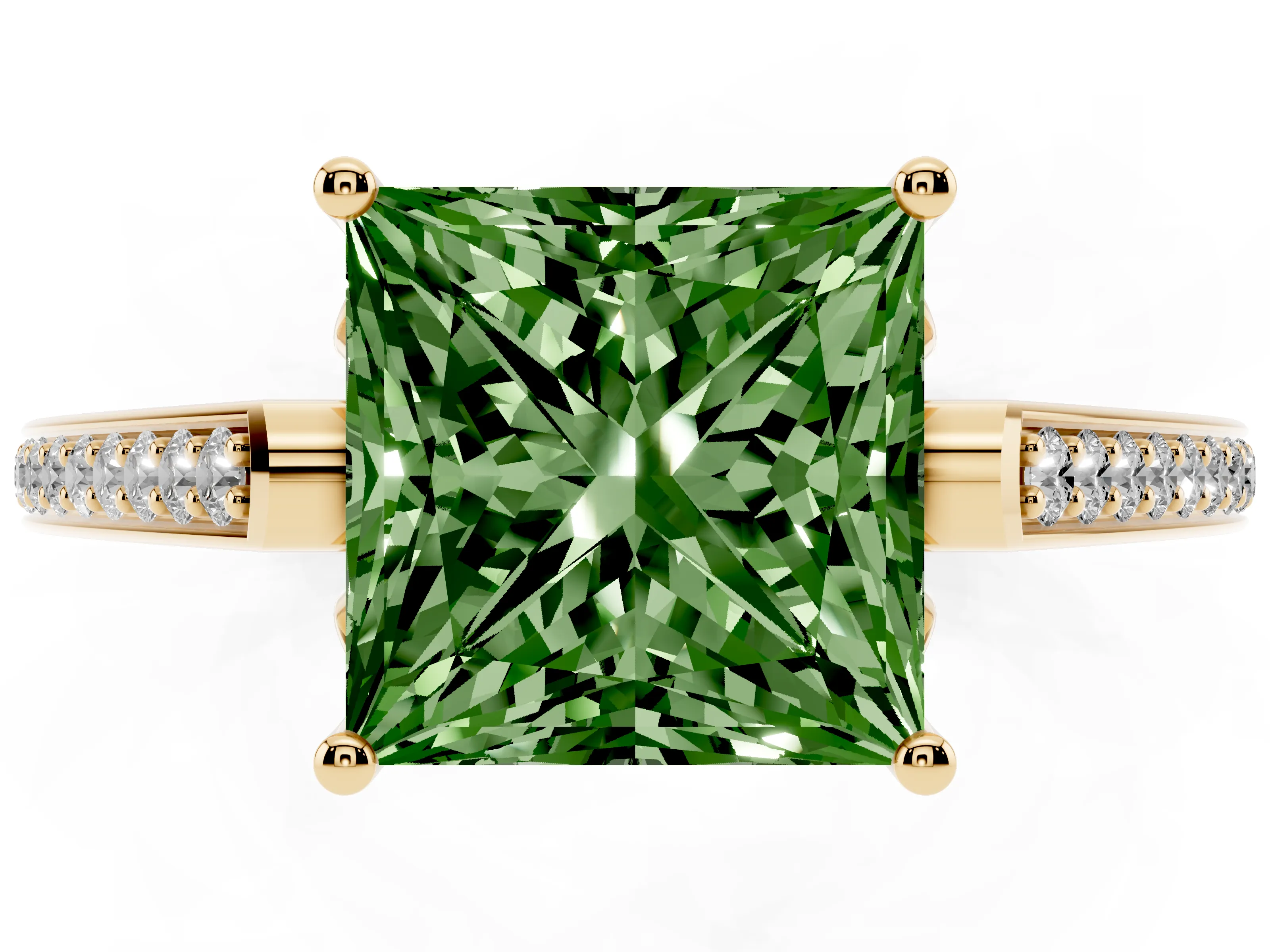Fancy Green Princess Cut Diamond Cathedral Pavé Engagement Ring Set in Yellow gold with Prong Setting