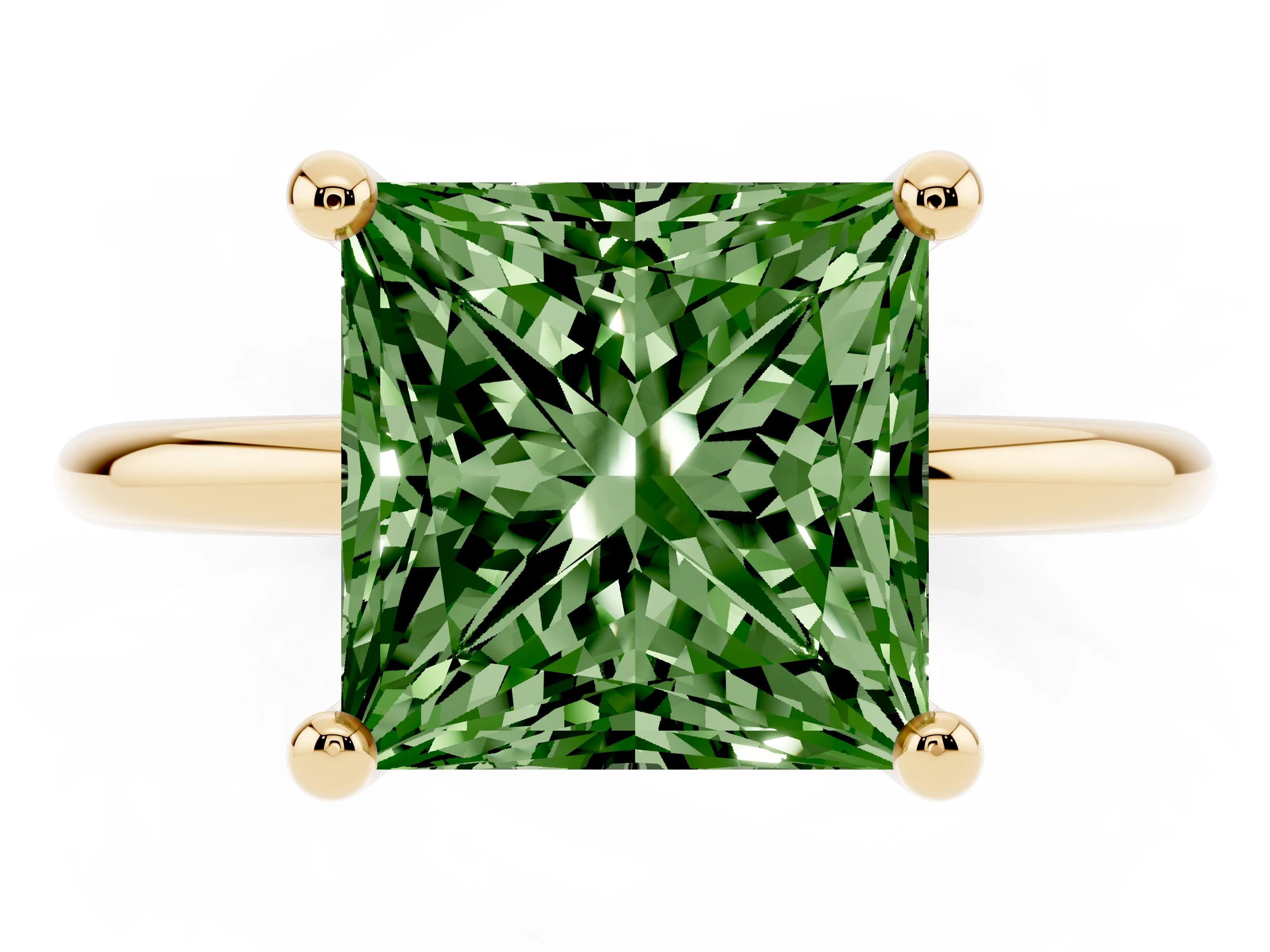 Fancy Green Princess Cut Diamond Solitaire Ring Set in Yellow gold with Secure Prong Setting on a Classic Band