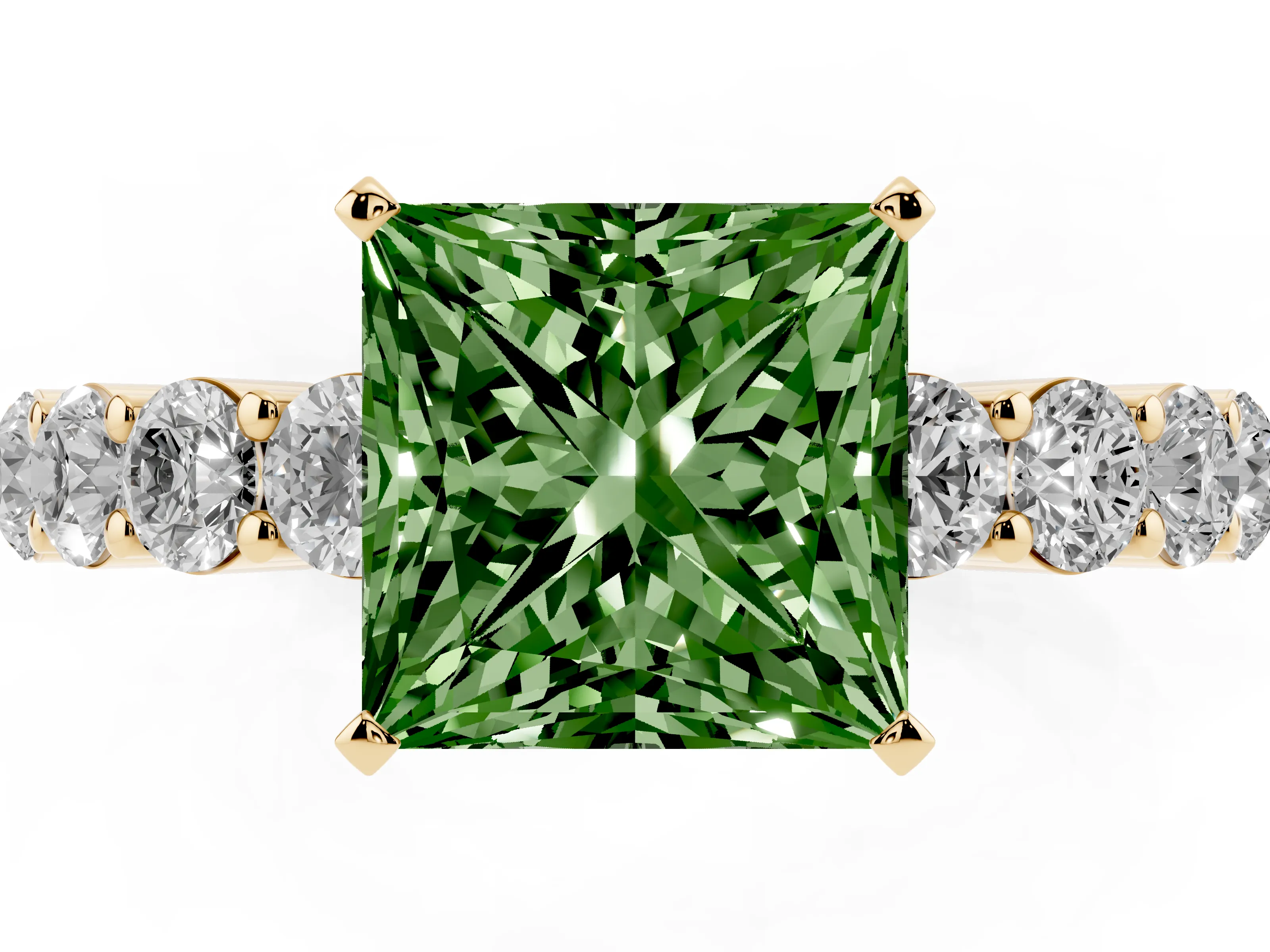 Fancy Green Princess Cut Diamond Solitaire Ring Set in Yellow gold with Shared Prong Round Side Stones
