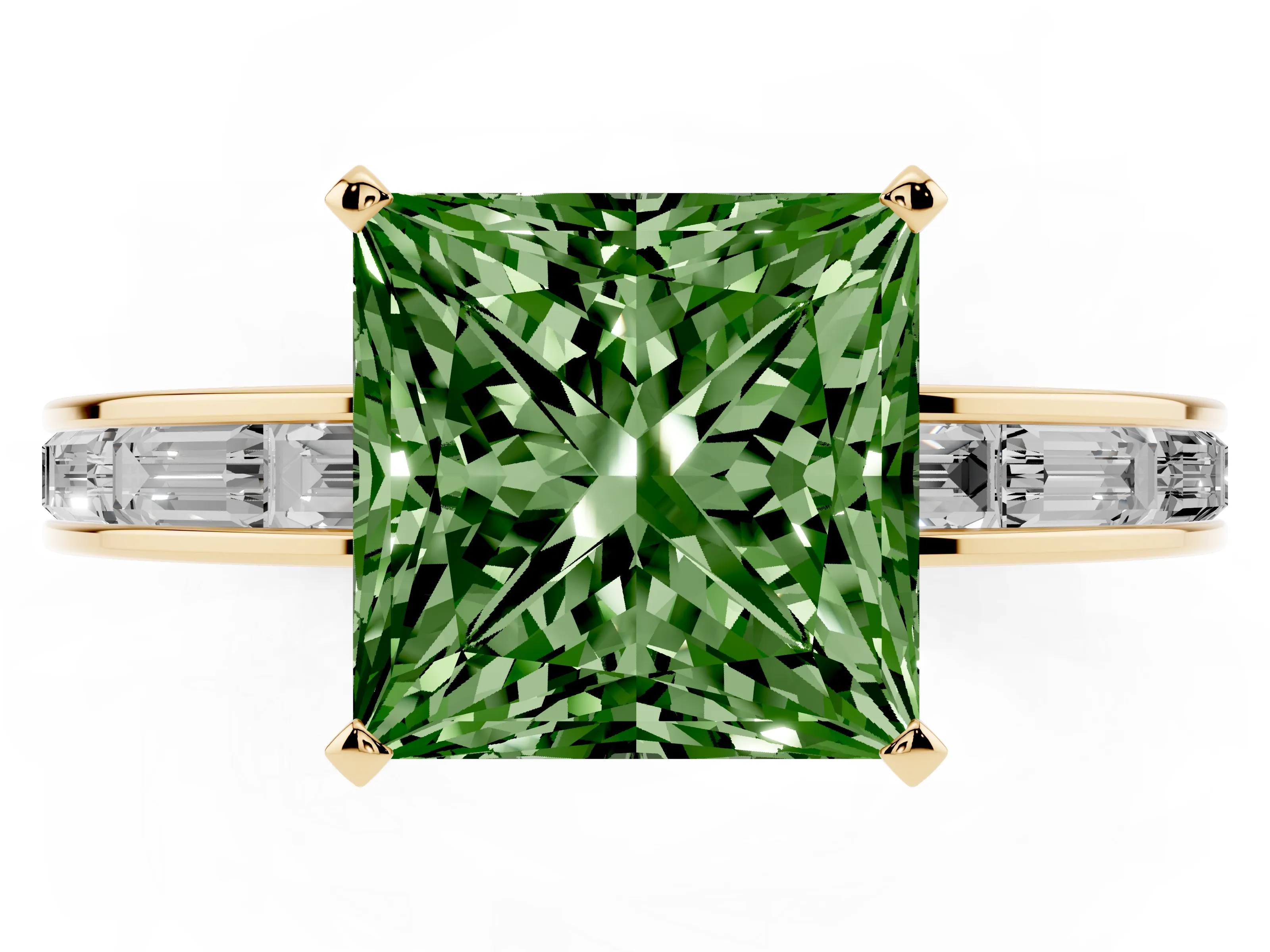 Fancy Green Princess Cut Diamond Solitaire Ring Set in Yellow gold with Channel-Set Baguette Band and Prong Setting