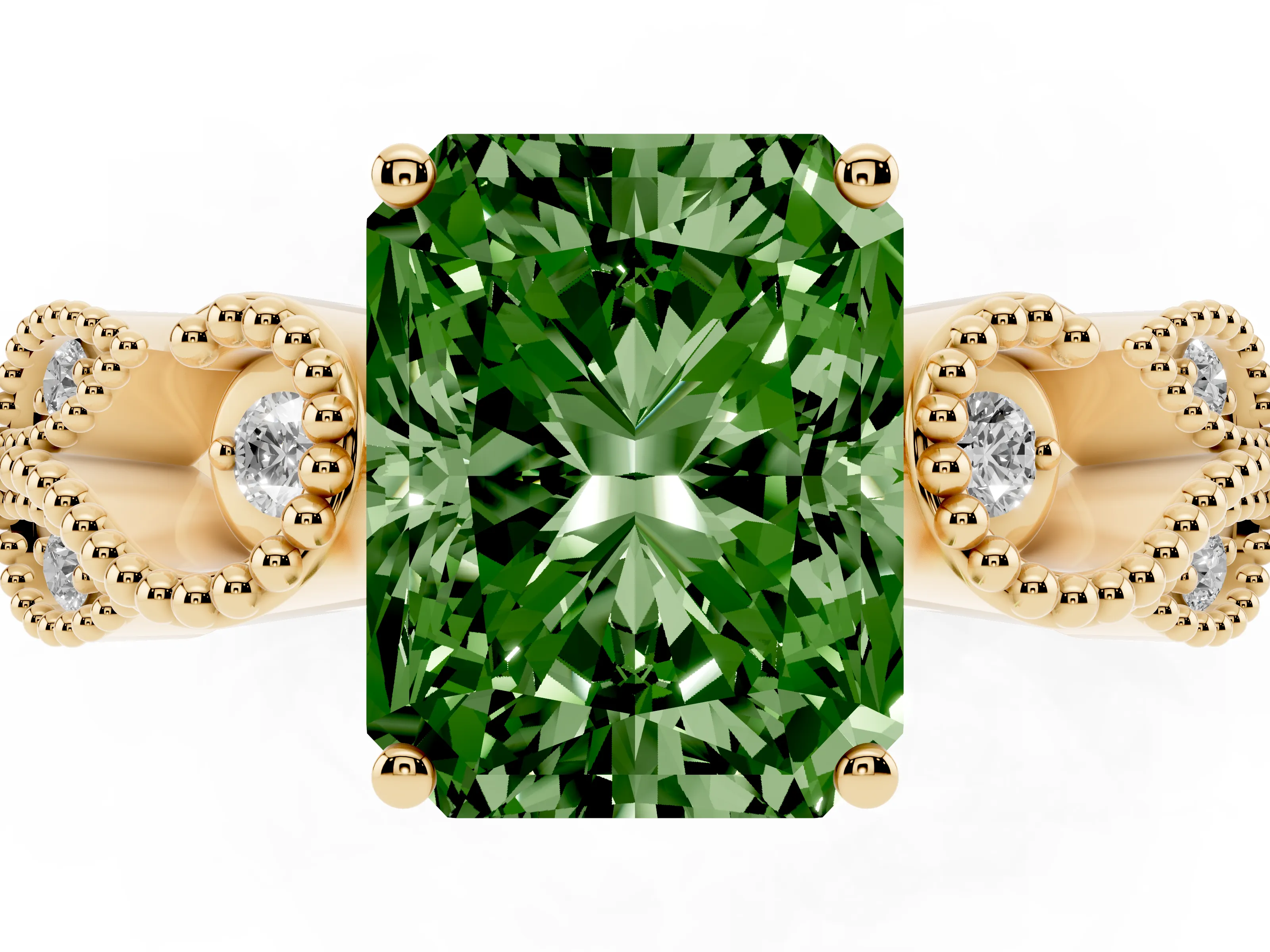 Fancy Green Princess Cut Diamond Milgrain Leaf Band Solitaire Ring Set in Yellow gold with Accent Stones and Prong Setting