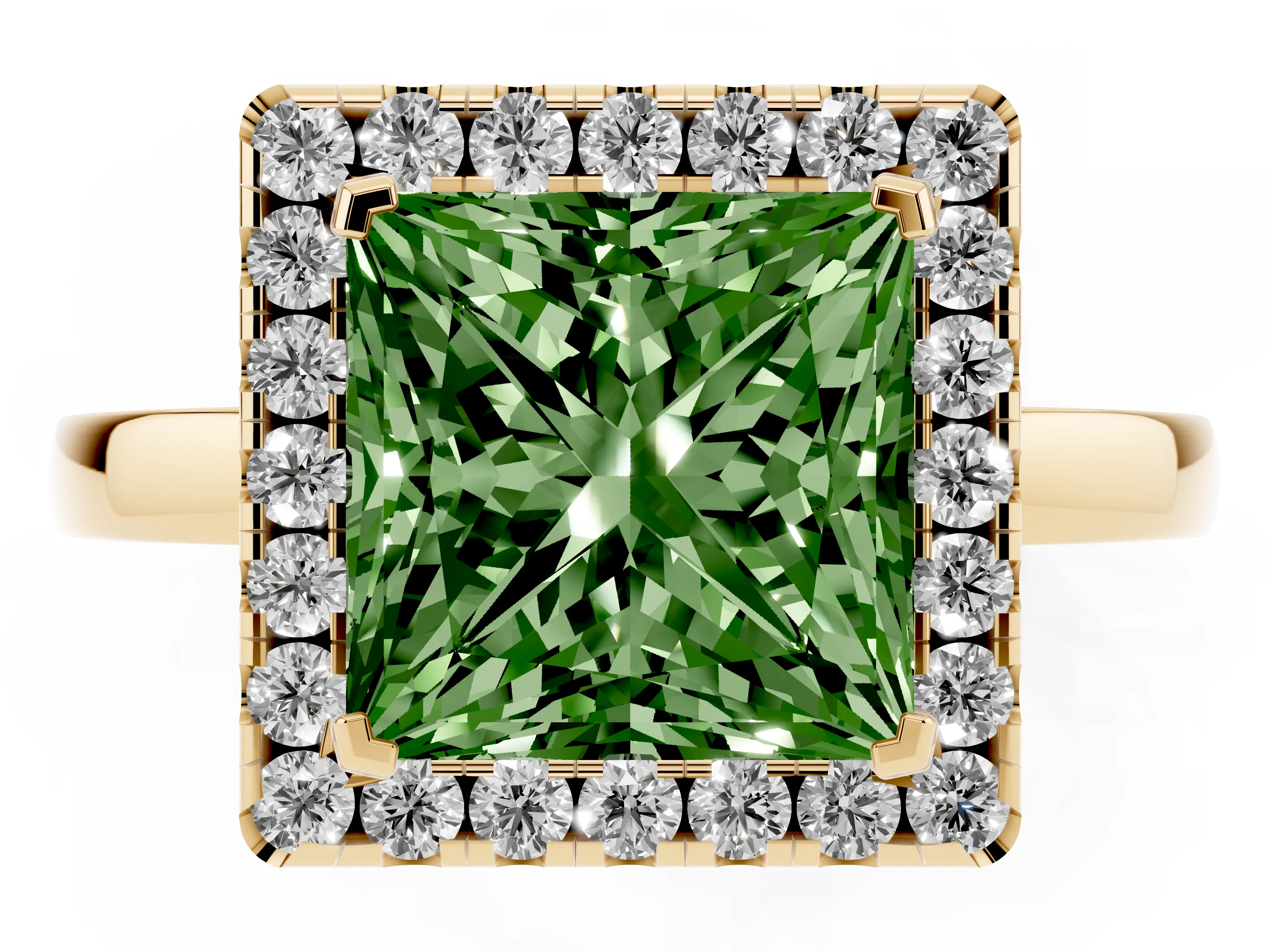 Fancy Green Princess Cut Diamond Halo Solitaire Ring Set in Yellow gold with Pavé Band and Prong Setting