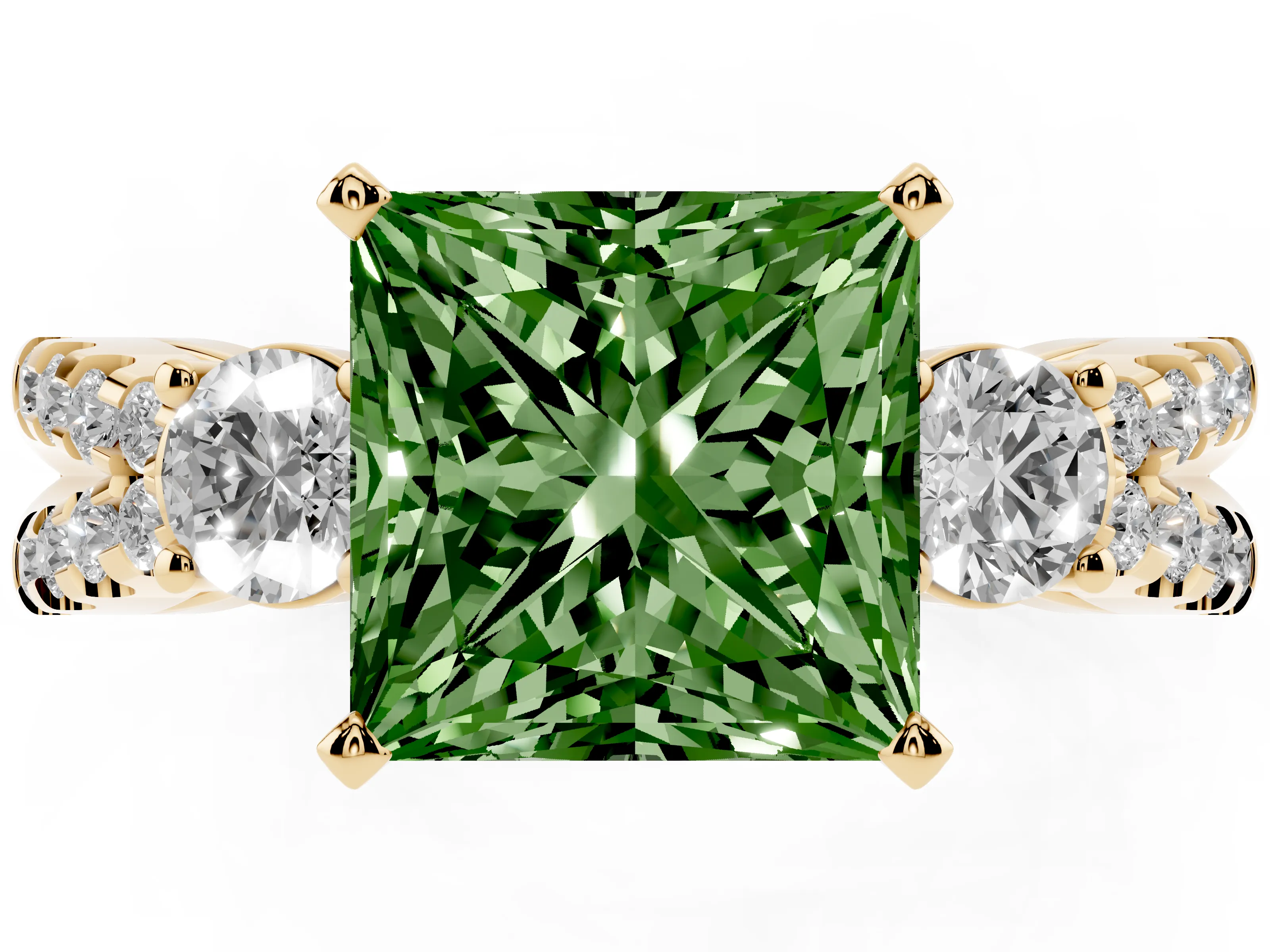 Fancy Green Princess Cut Diamond Three-Stone Ring Set in Yellow gold with Pavé Split Shank and Prong Setting
