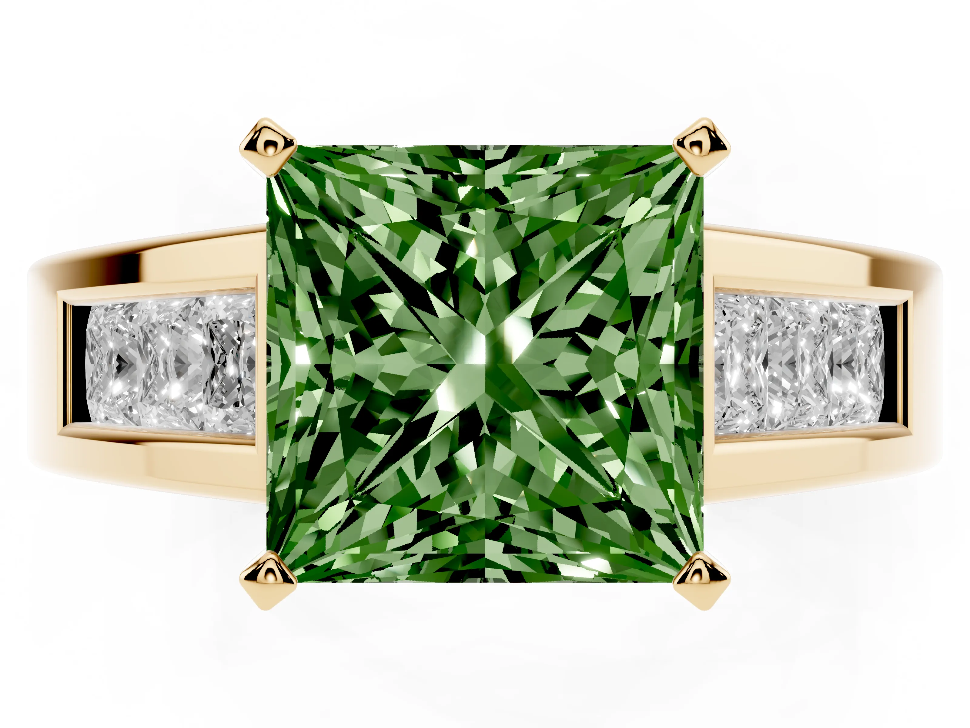 Fancy Green Princess Cut Diamond Solitaire Ring Set in Yellow gold with Channel-Set Accent Stones and Prong Setting