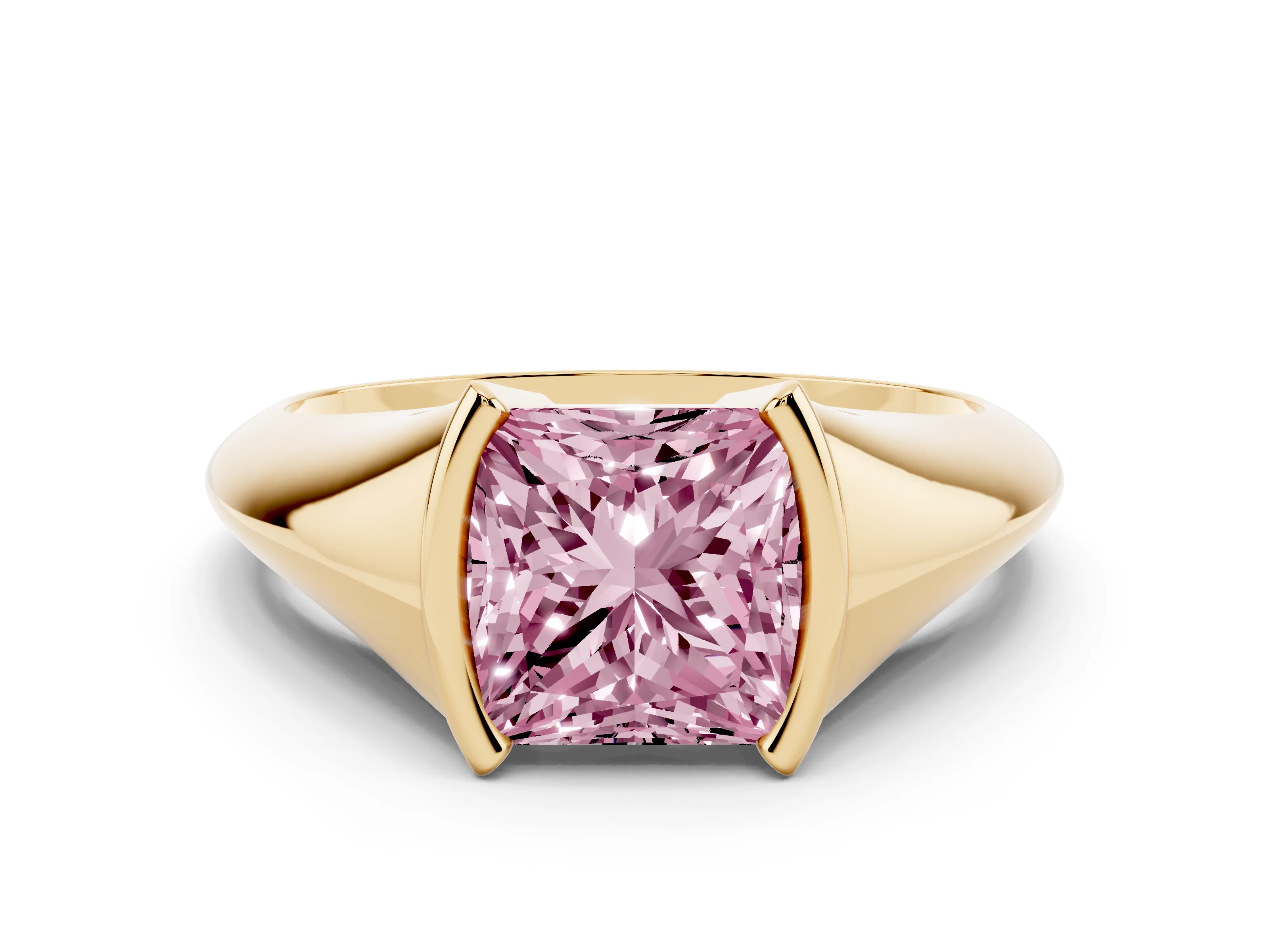 Fancy Pink Princess Cut Diamond Solitaire Tension Set Ring Set in Yellow gold