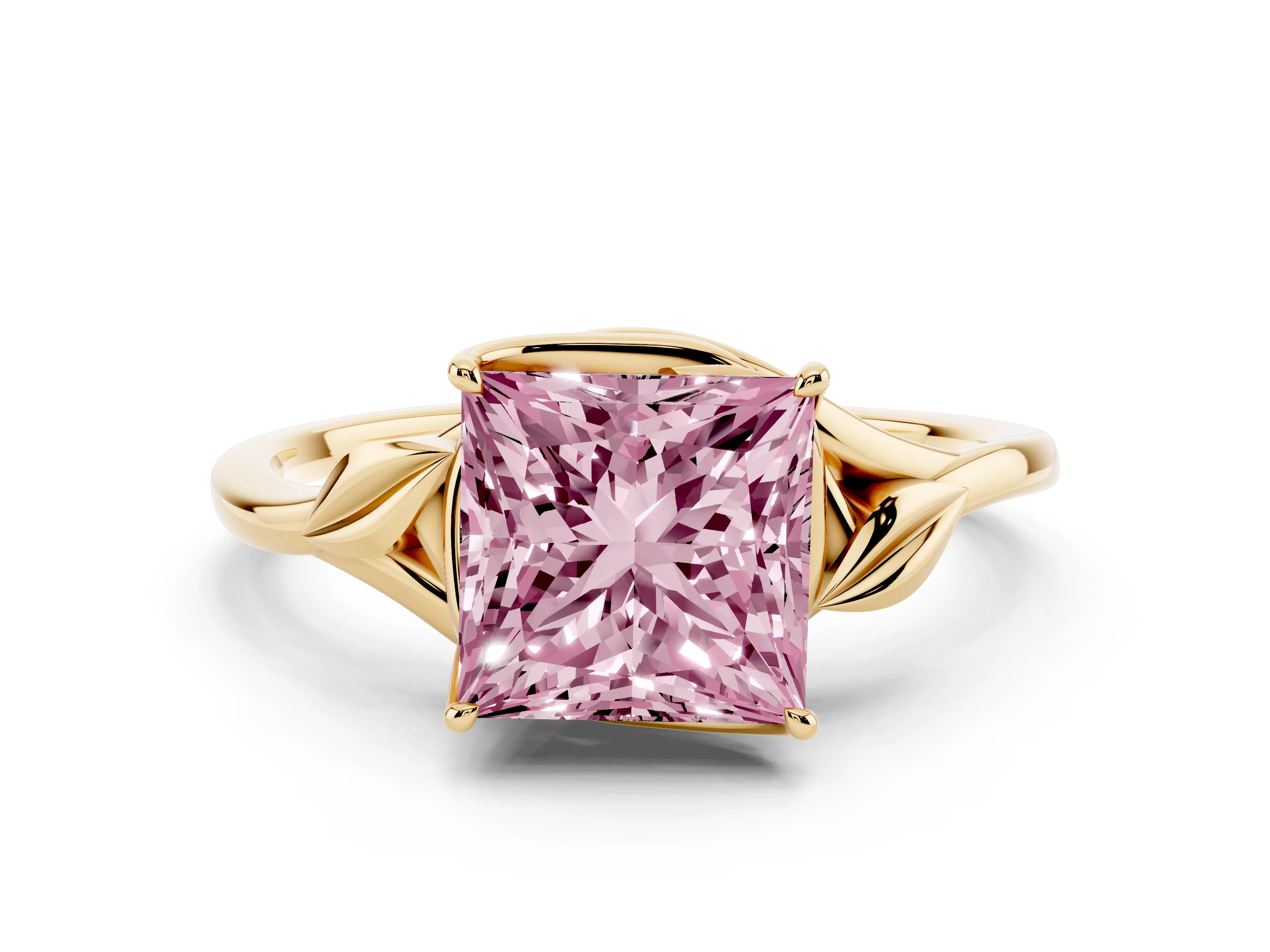 Fancy Pink Princess Cut Diamond Solitaire Ring Set in Yellow gold with Polished Twist Band