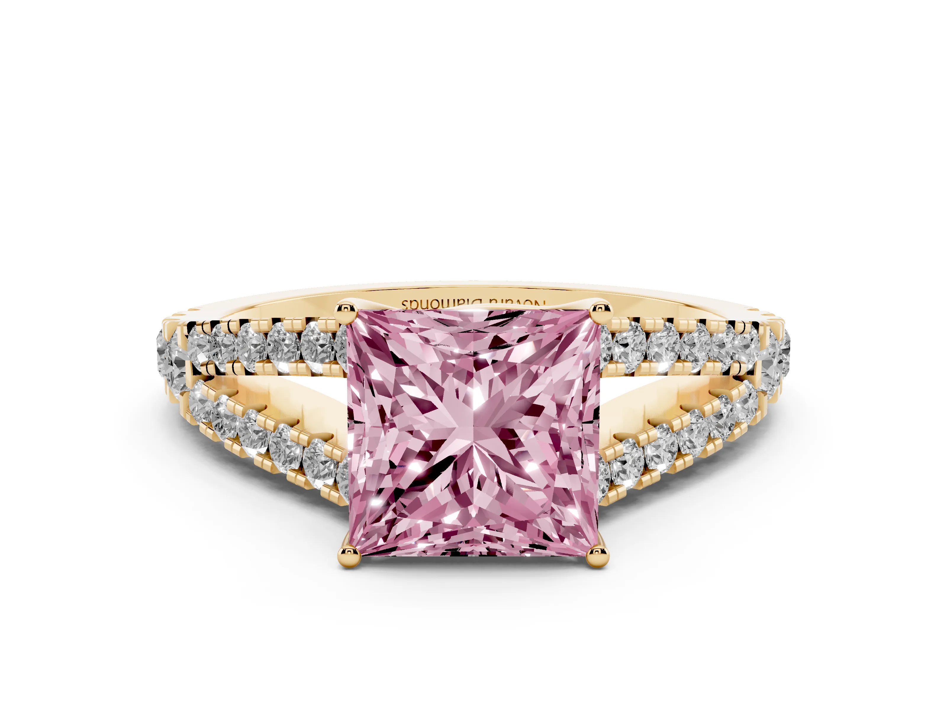 Fancy Pink Princess Cut Diamond Split Shank Pavé Engagement Ring Set in Yellow gold with Prong-Held Center Stone