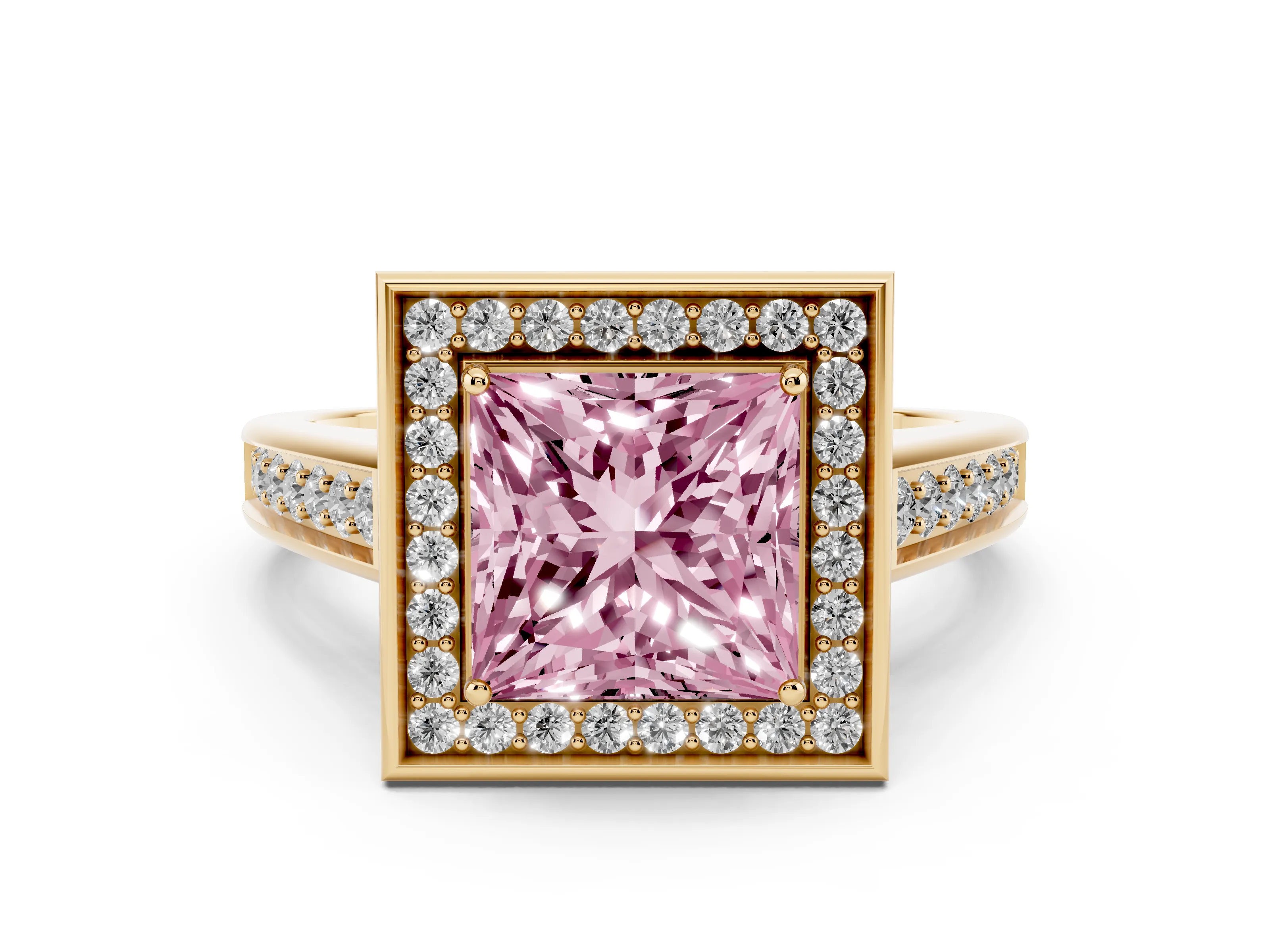 Fancy Pink Princess Cut Diamond Halo Solitaire Ring Set in Yellow gold with Pavé Band and Bezel Setting