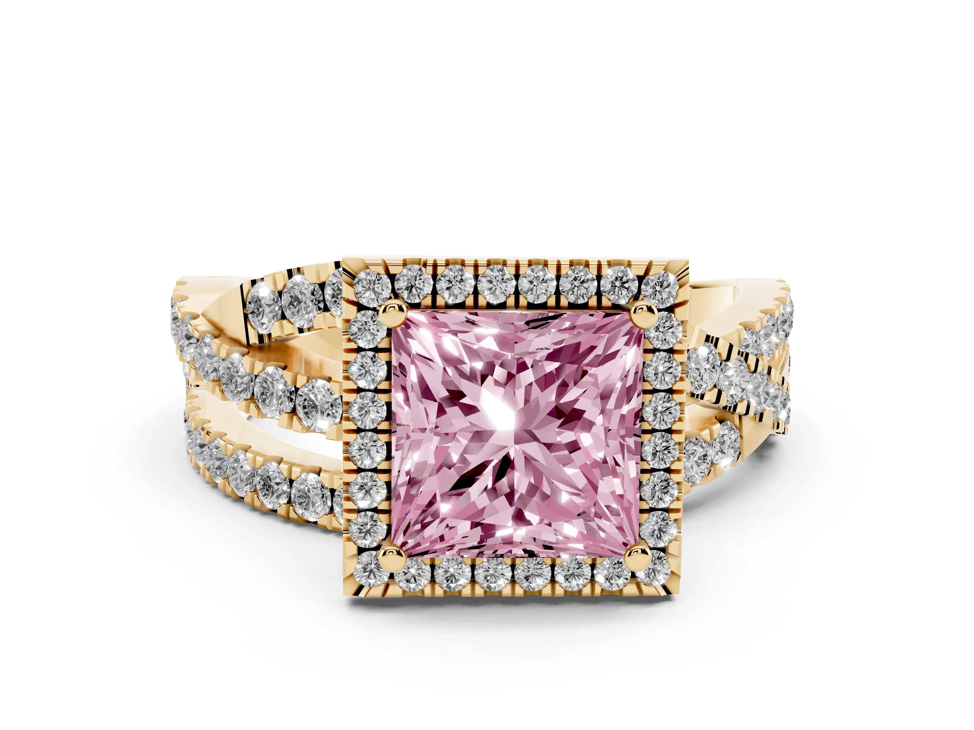Fancy Pink Princess Cut Diamond Halo Ring Set in Yellow gold with Round Crossover Split Shank and Prong Setting