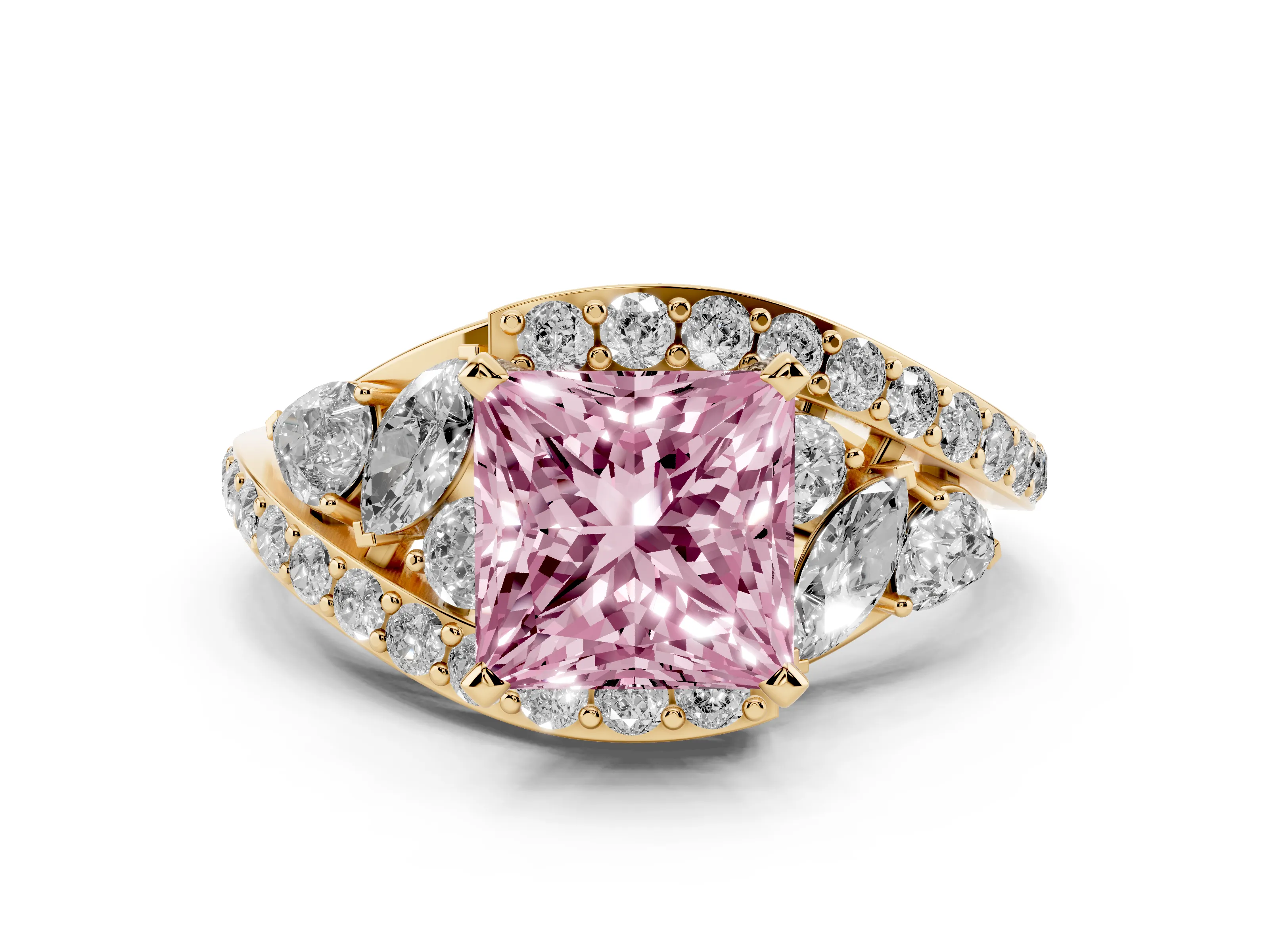 Fancy Pink Princess Cut Diamond Halo Ring Set in Yellow gold with Marquise and Pavé Band in Prong Setting