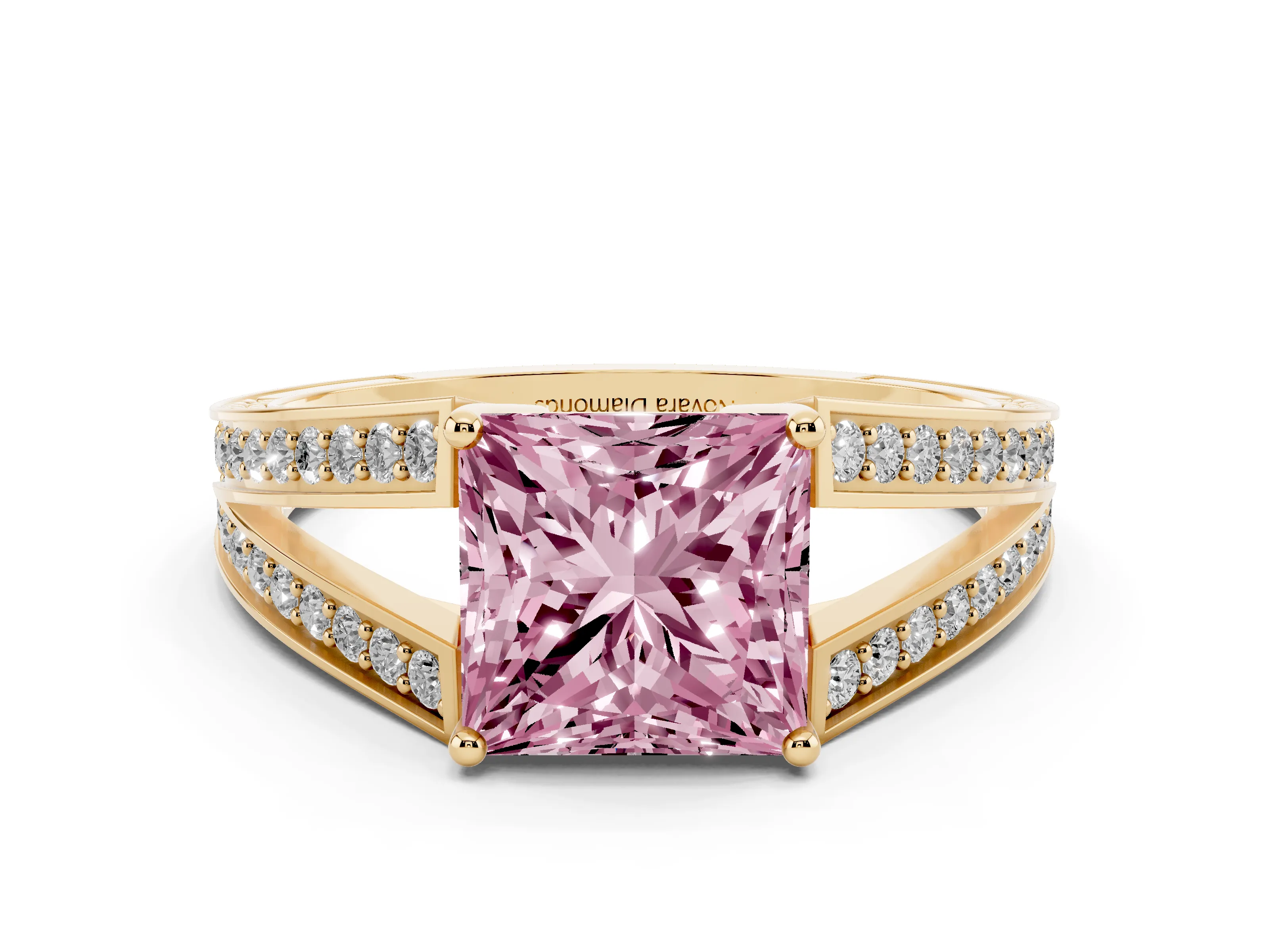 Fancy Pink Princess Cut Diamond Split Shank Ring Set in Yellow gold with Pavé Band and Prong Setting