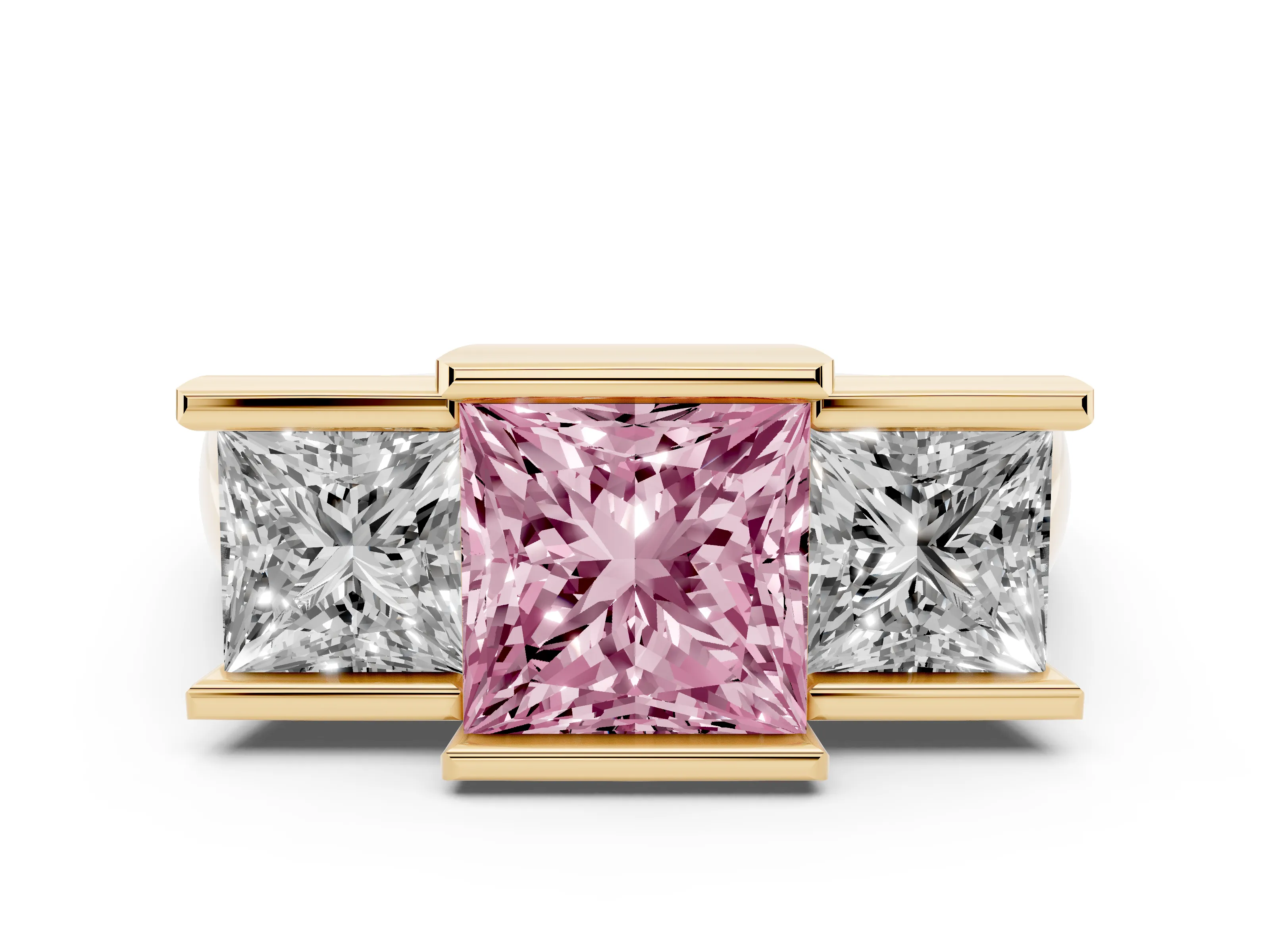 Fancy Pink Princess Cut Diamond Three-Stone Channel Set Ring Set in Yellow gold with Smooth Polished Band