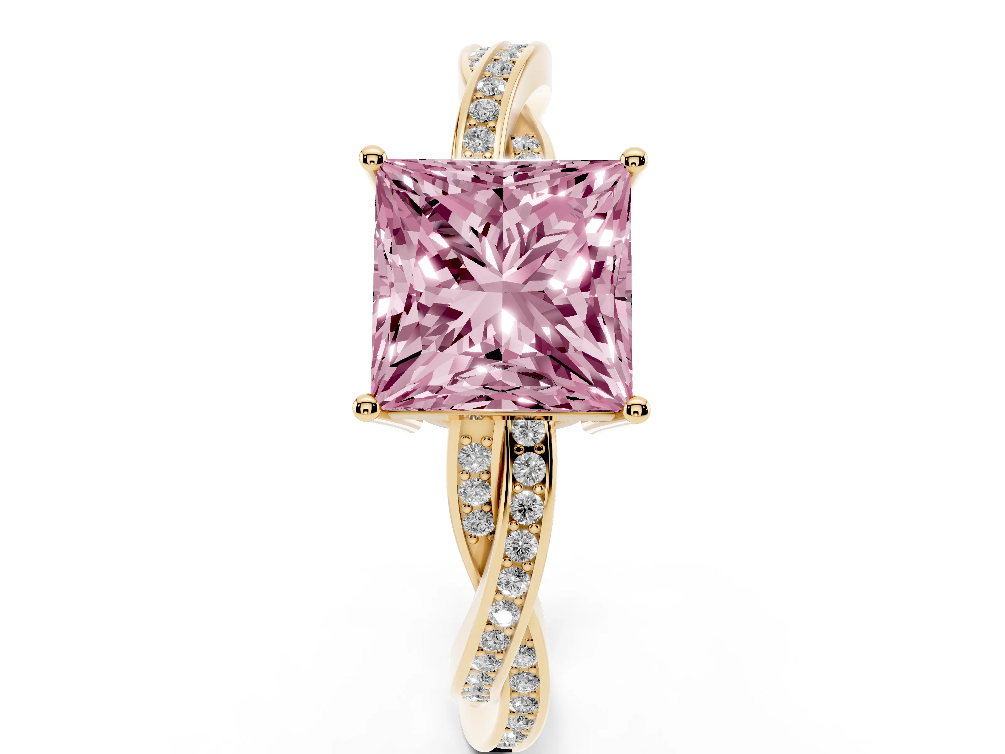 Fancy Pink Princess Cut Diamond Solitaire Twisted Pavé Ring Set in Yellow gold with Prong Setting