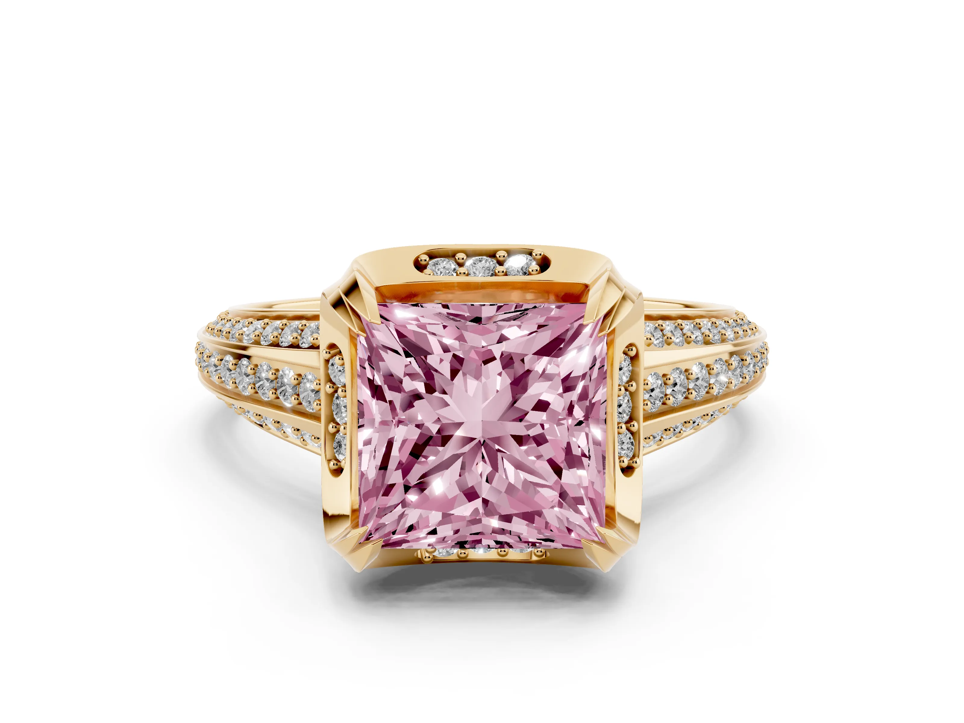Fancy Pink Princess Cut Diamond Pavé Split Shank Solitaire Ring Set in Yellow gold with Prong Setting