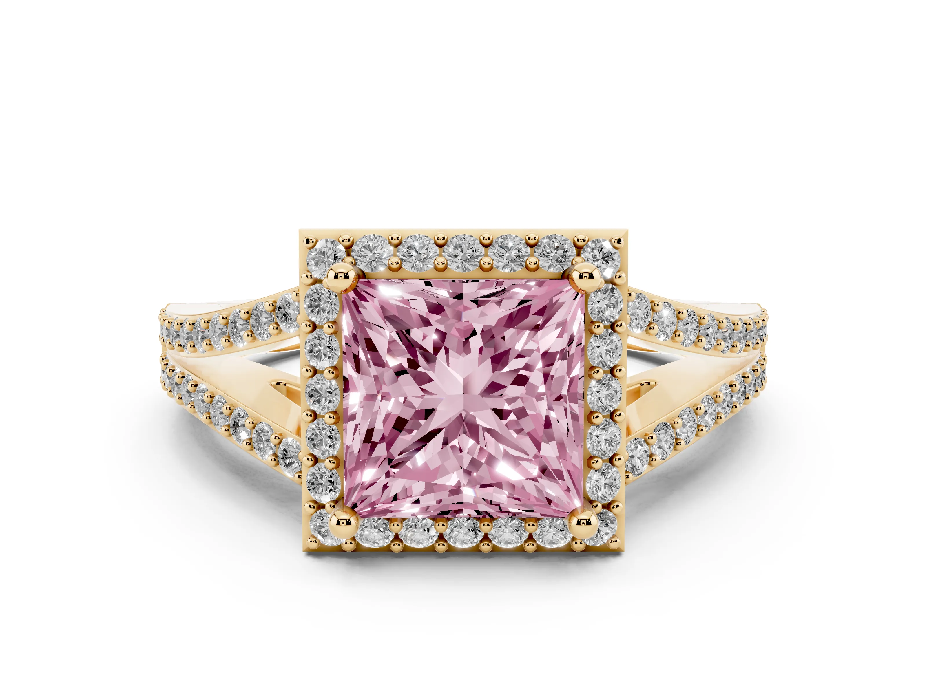 Fancy Pink Princess Cut Diamond Halo Split Shank Pavé Ring Set in Yellow gold with Prong Setting