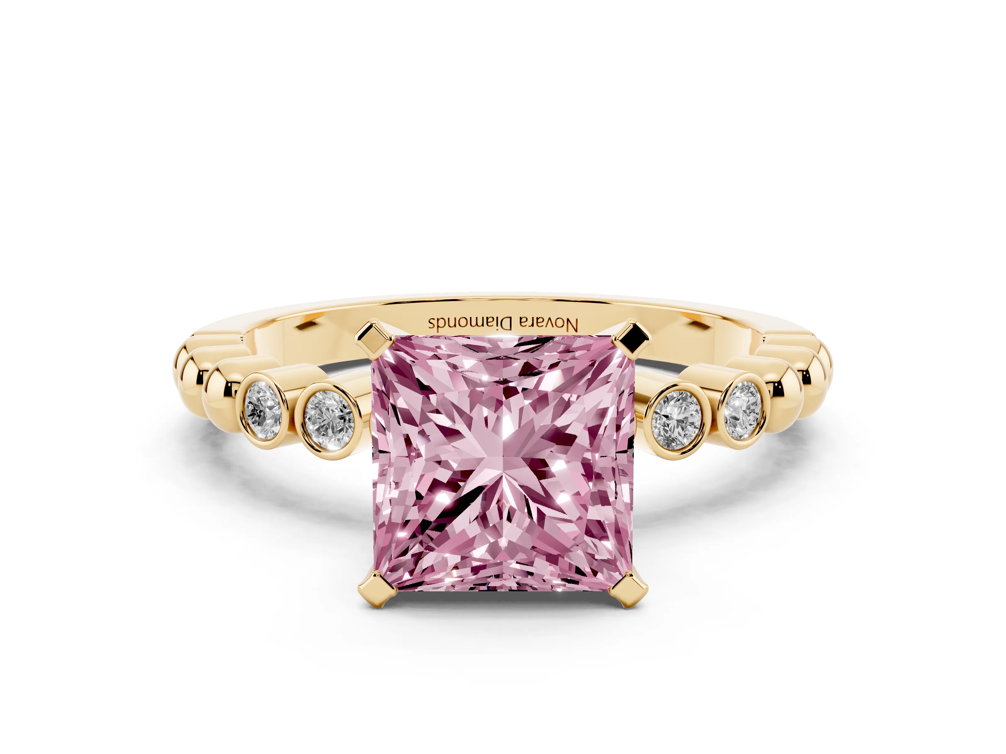 Fancy Pink Princess Cut Diamond Solitaire Engagement Ring Set in Yellow gold with Bezel Accents on Beaded Band