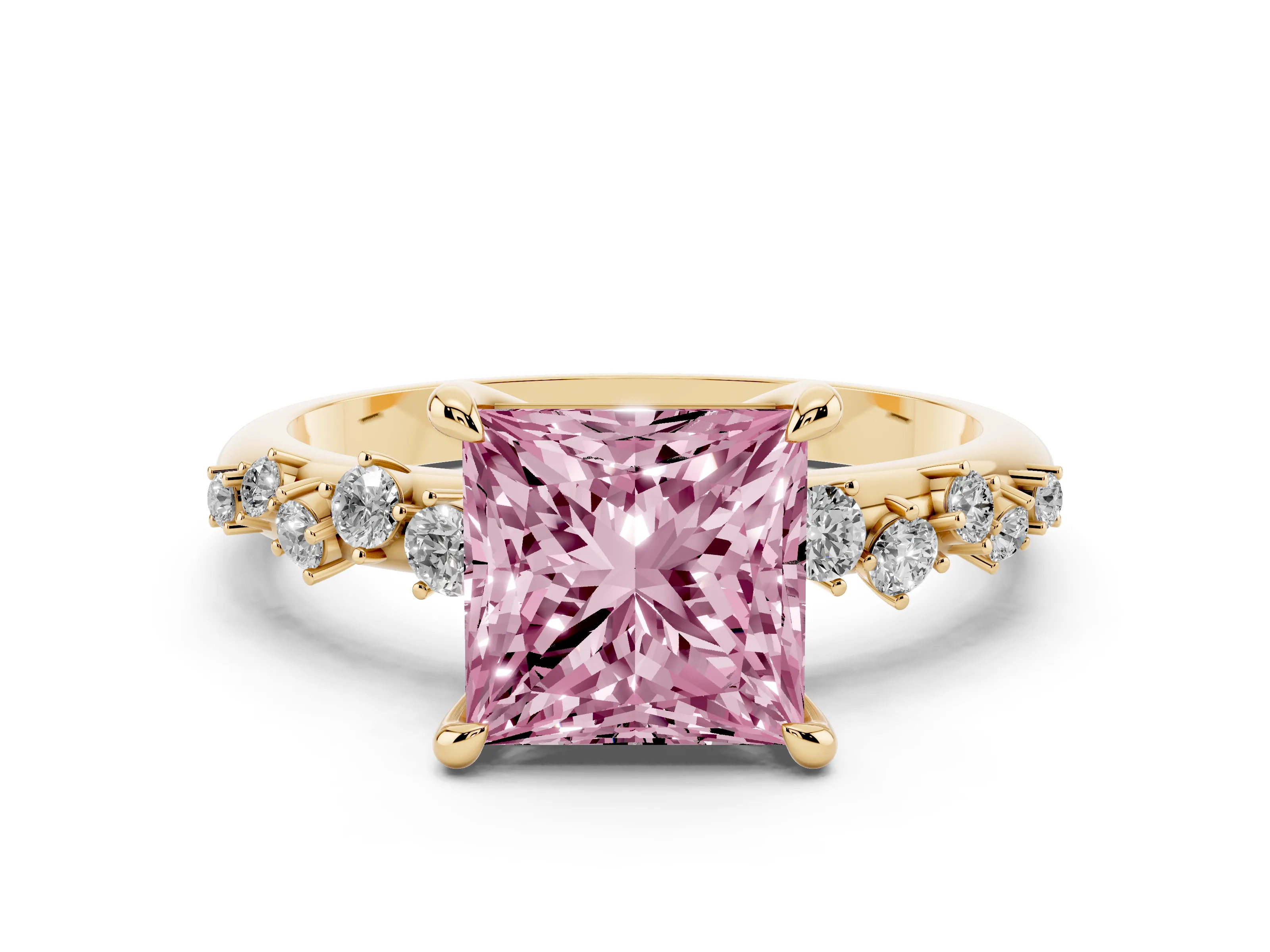 Fancy Pink Princess Cut Diamond Solitaire Vine Band Ring Set in Yellow gold with Round Accents and Prong Setting