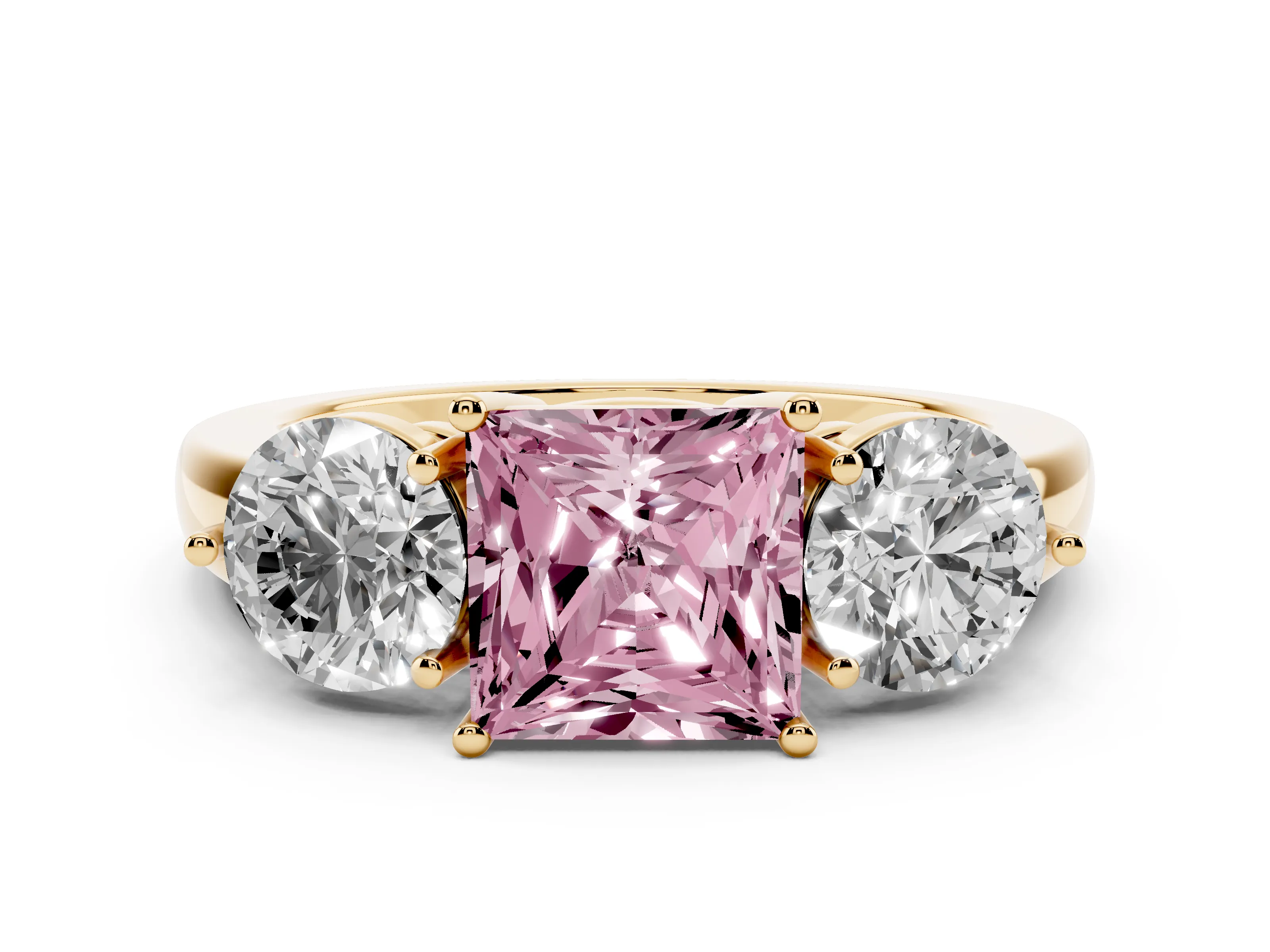 Fancy Pink Princess Cut Diamond Three-Stone Ring Set in Yellow gold with Prong Setting and Plain Band