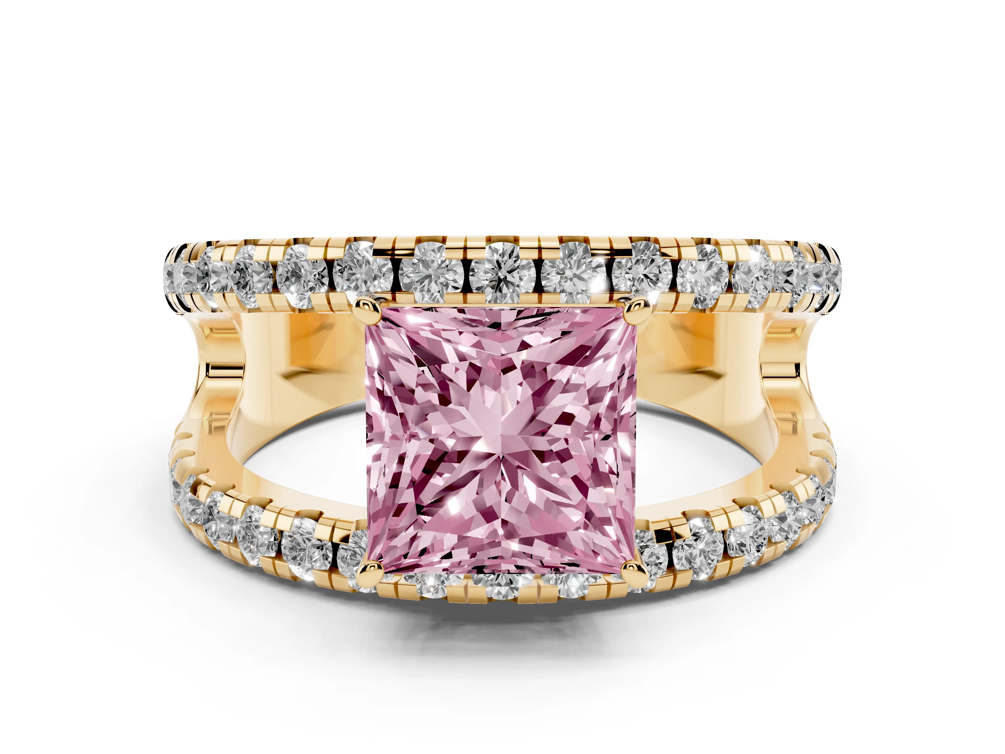Fancy Pink Princess Cut Diamond Split Shank Pavé Solitaire Ring Set in Yellow gold with Open Shank Design