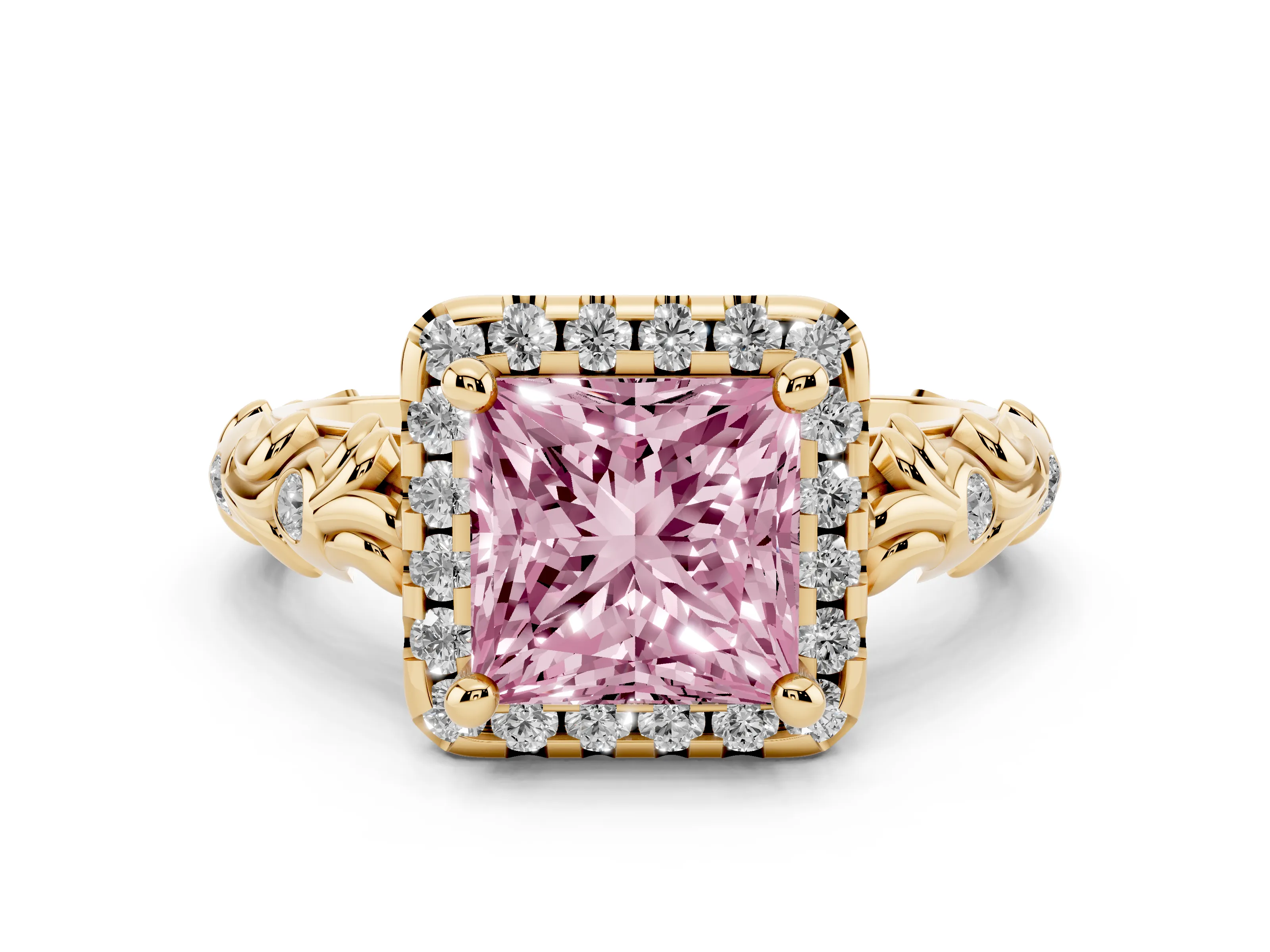 Fancy Pink Princess Cut Diamond Halo Ring Set in Yellow gold with Filigree Leaf Band and Prong Setting