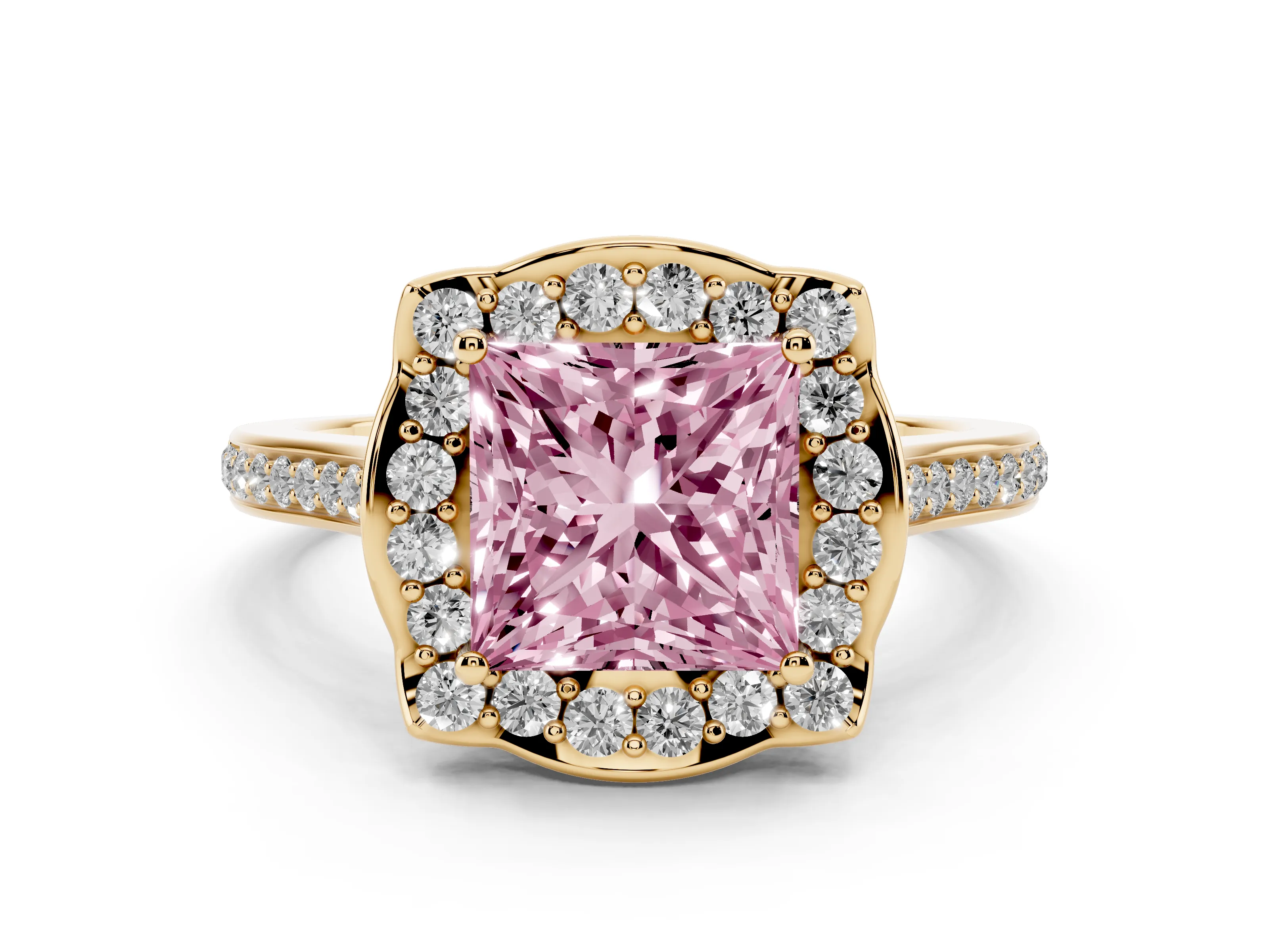 Fancy Pink Princess Cut Diamond Halo Ring Set in Yellow gold with Pavé-Lined Shoulders and Prong Setting