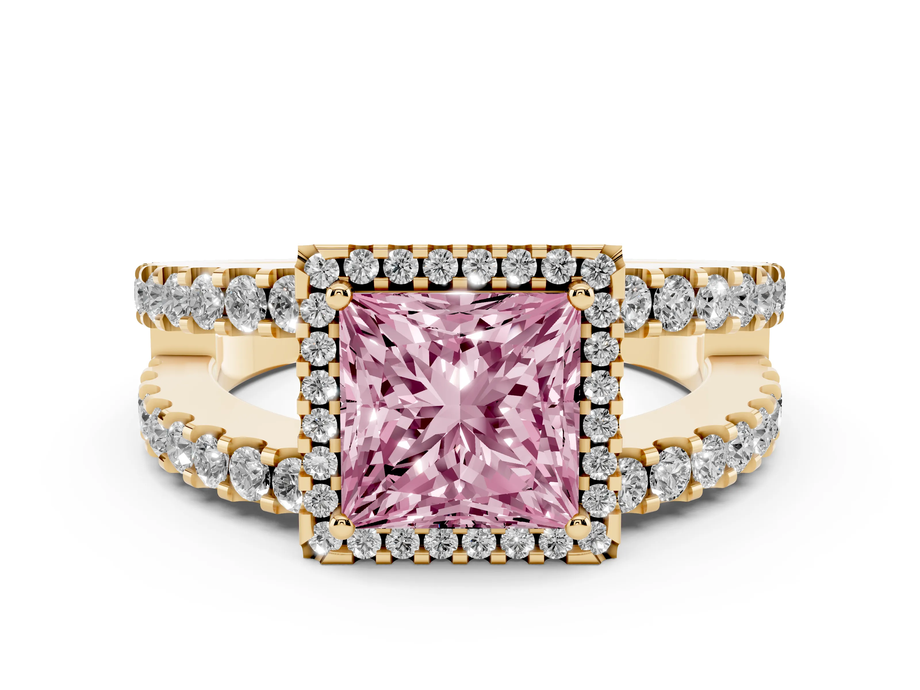 Fancy Pink Princess Cut Diamond Halo Ring Set in Yellow gold with Pavé Split Shank and Prong Setting