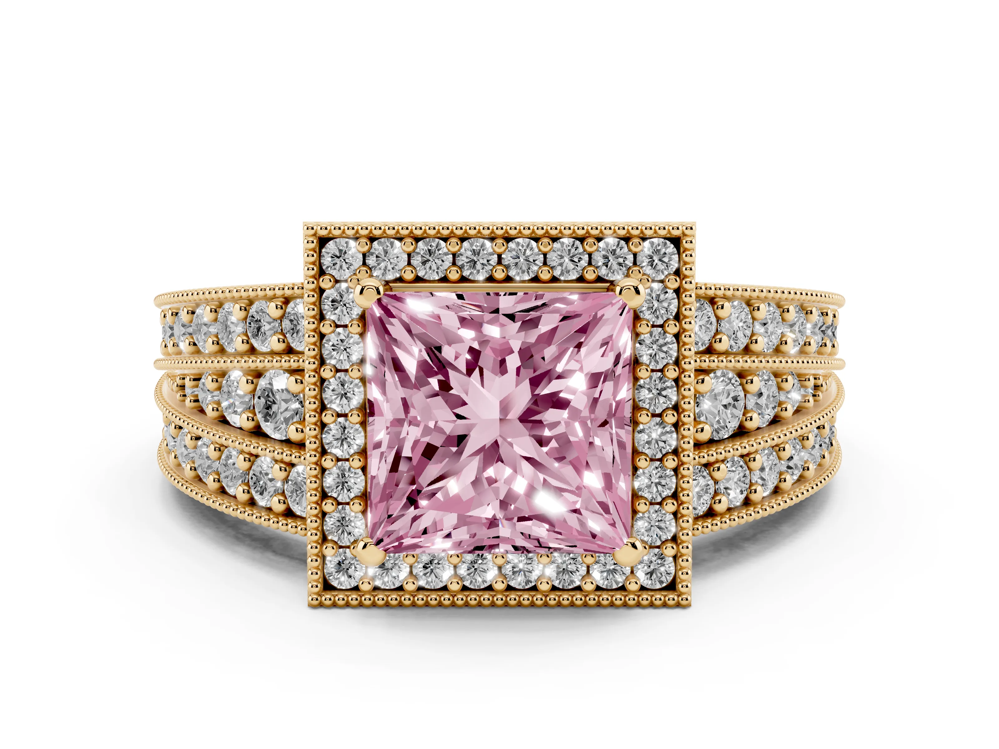Fancy Pink Princess Cut Diamond Halo Ring Set in Yellow gold with Accent Split Shank and Prong Setting