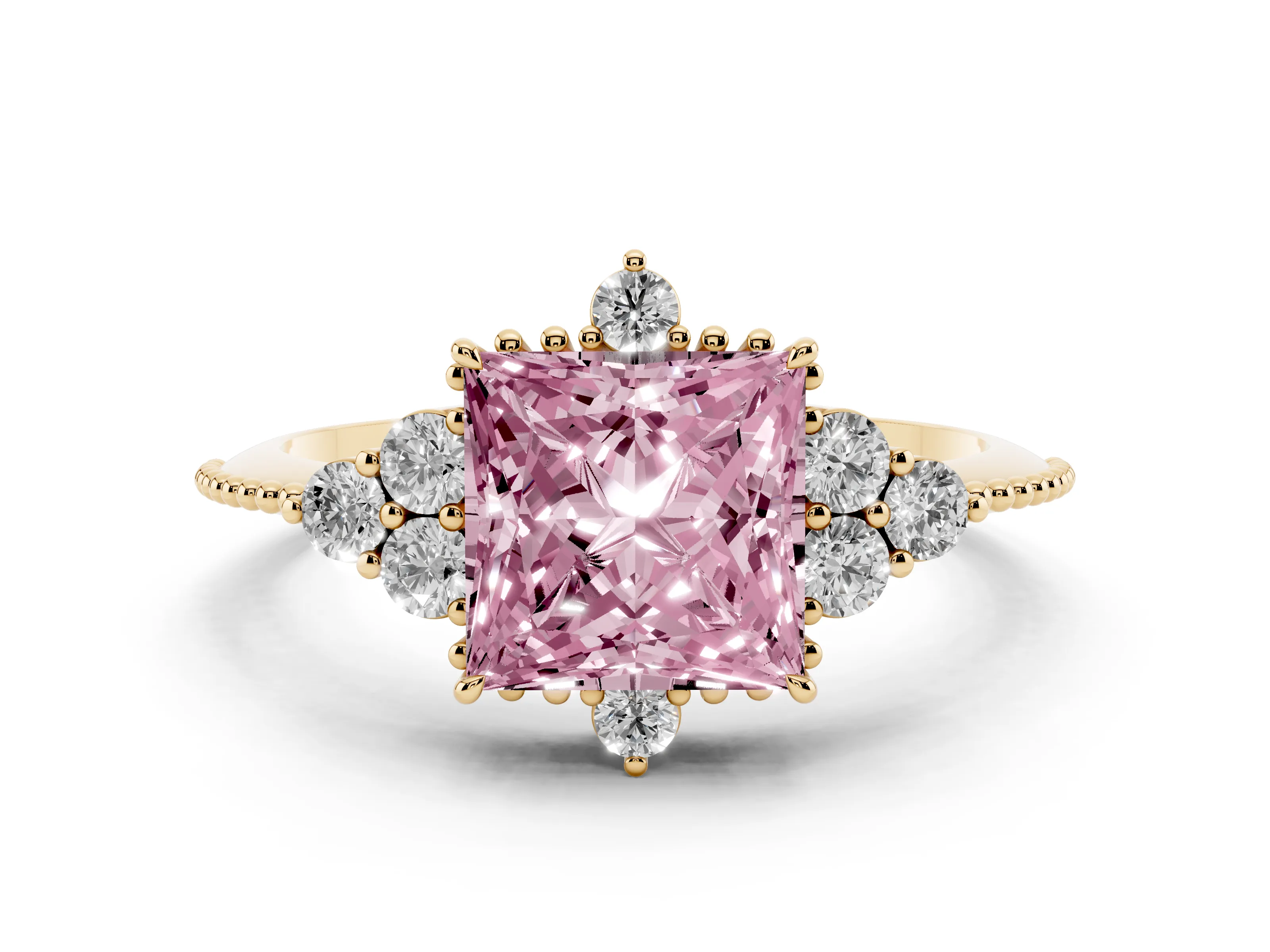 Fancy Pink Princess Cut Diamond Cluster Ring Set in Yellow gold with Beaded Band