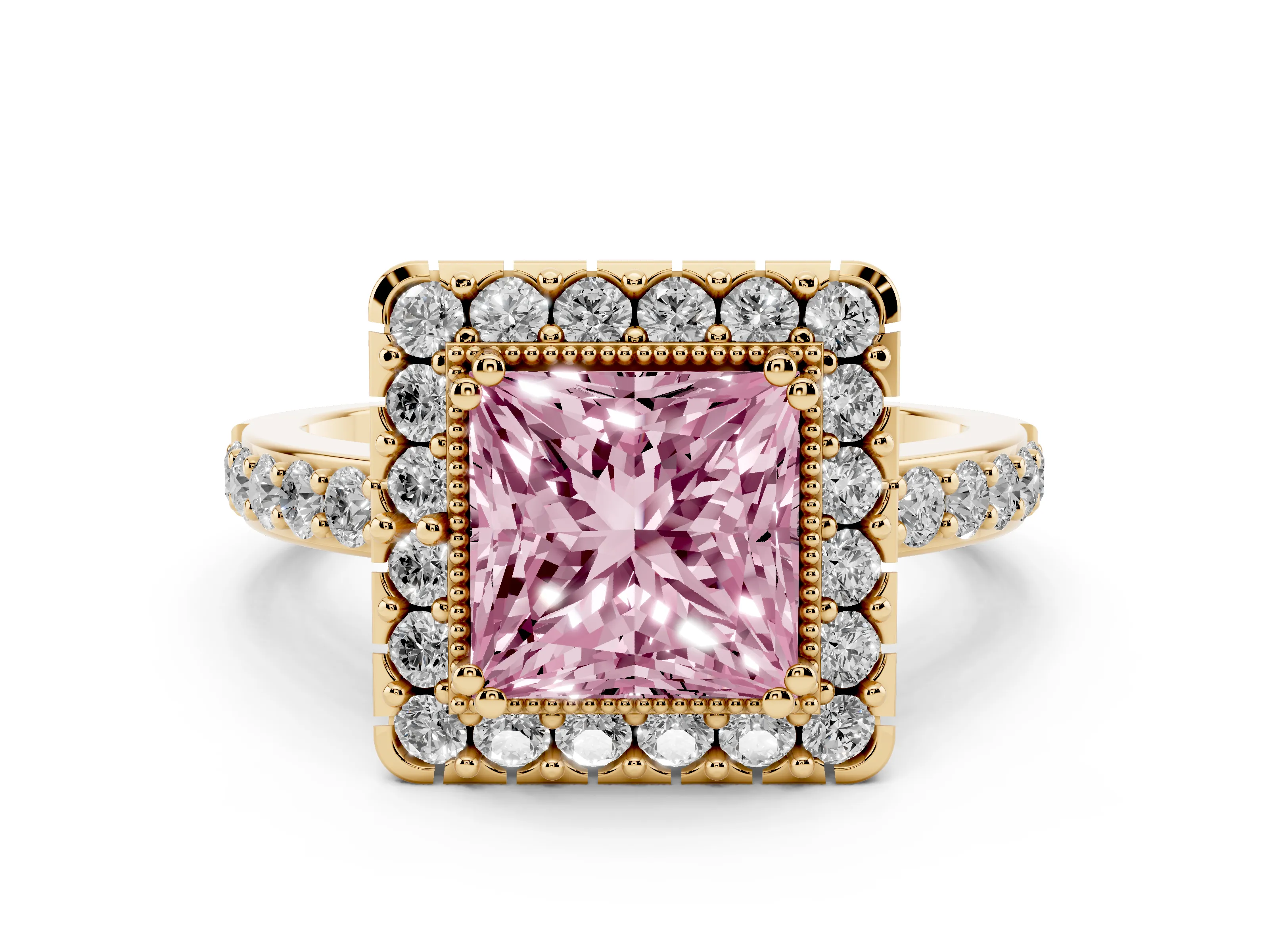 Fancy Pink Princess Cut Diamond Halo Ring Set in Yellow gold with Pavé Shank and Prong Setting