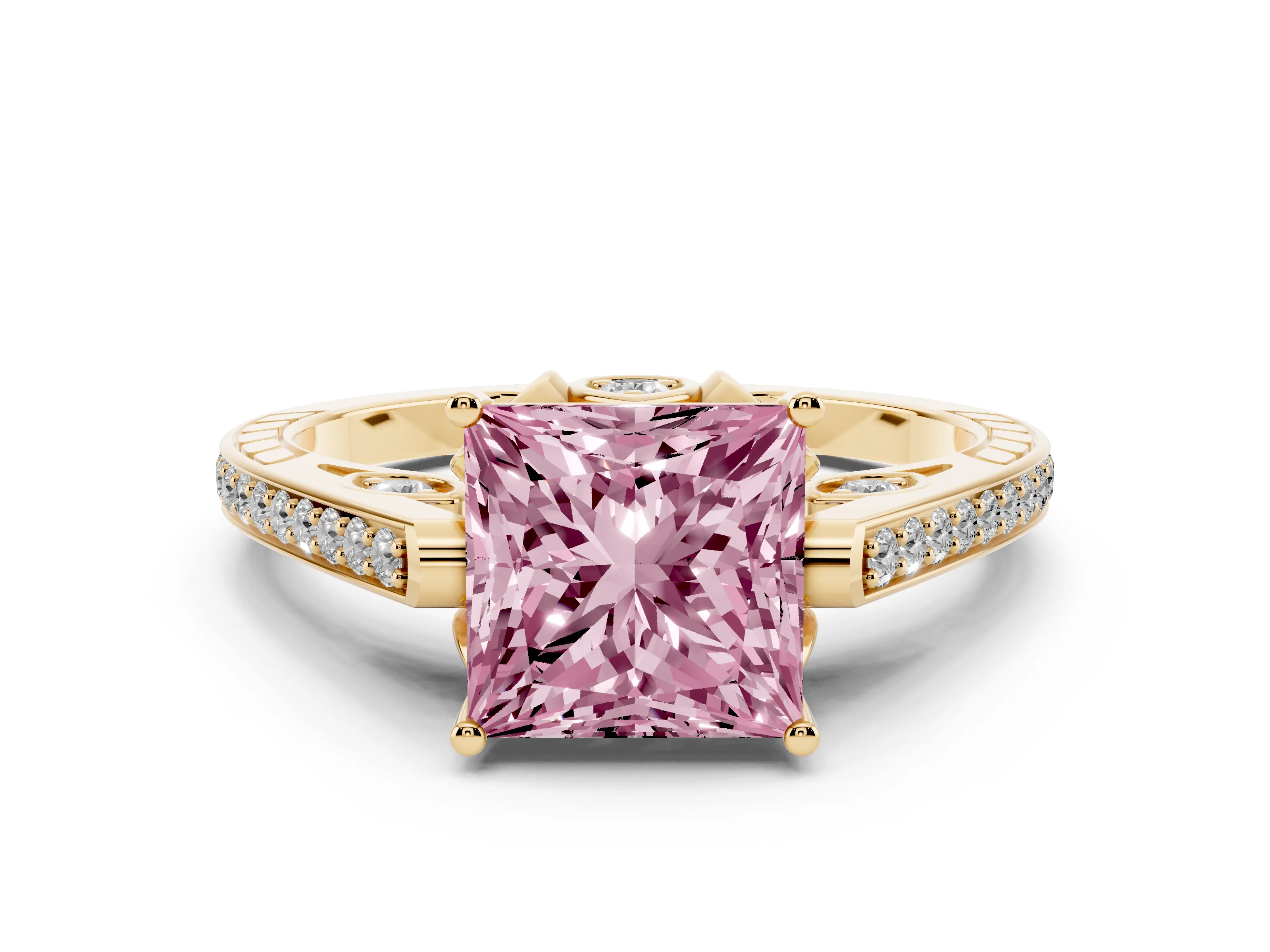 Fancy Pink Princess Cut Diamond Cathedral Pavé Engagement Ring Set in Yellow gold with Prong Setting