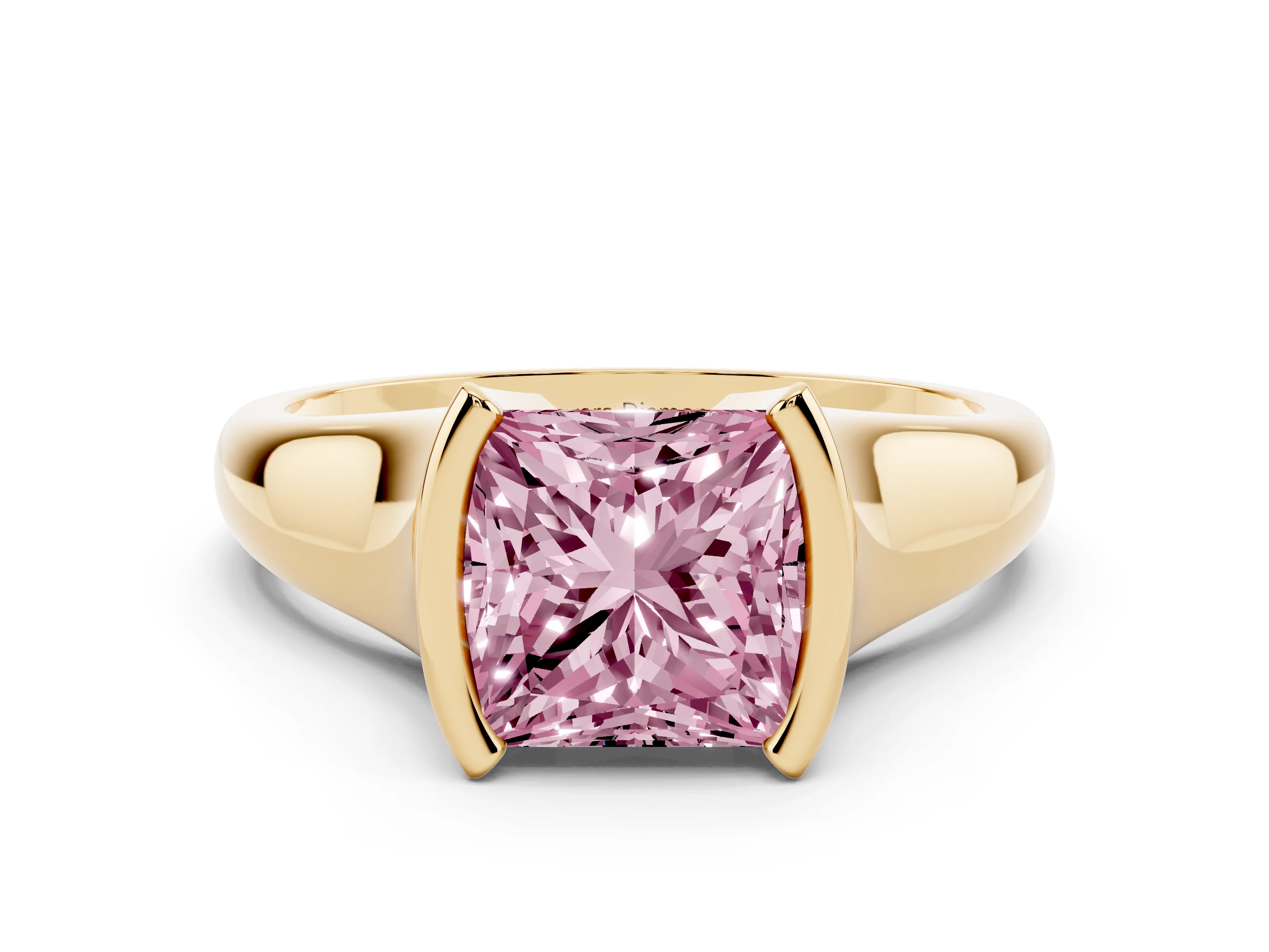 Fancy Pink Princess Cut Diamond Solitaire Tension Set Ring Set in Yellow gold with Split Shank Band