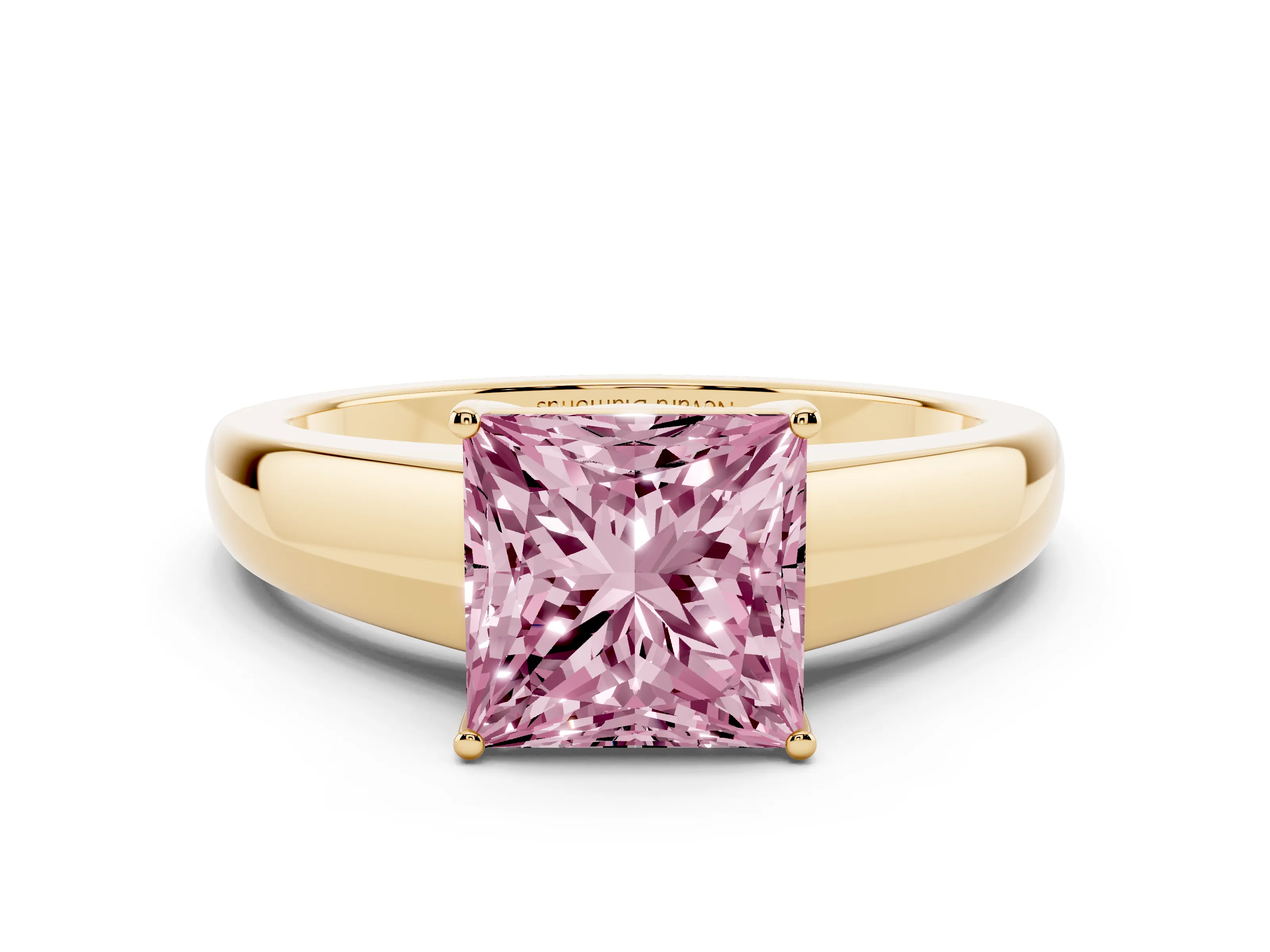Fancy Pink Princess Cut Diamond Solitaire Ring Set in Yellow gold with Tapered Band and Prong Setting