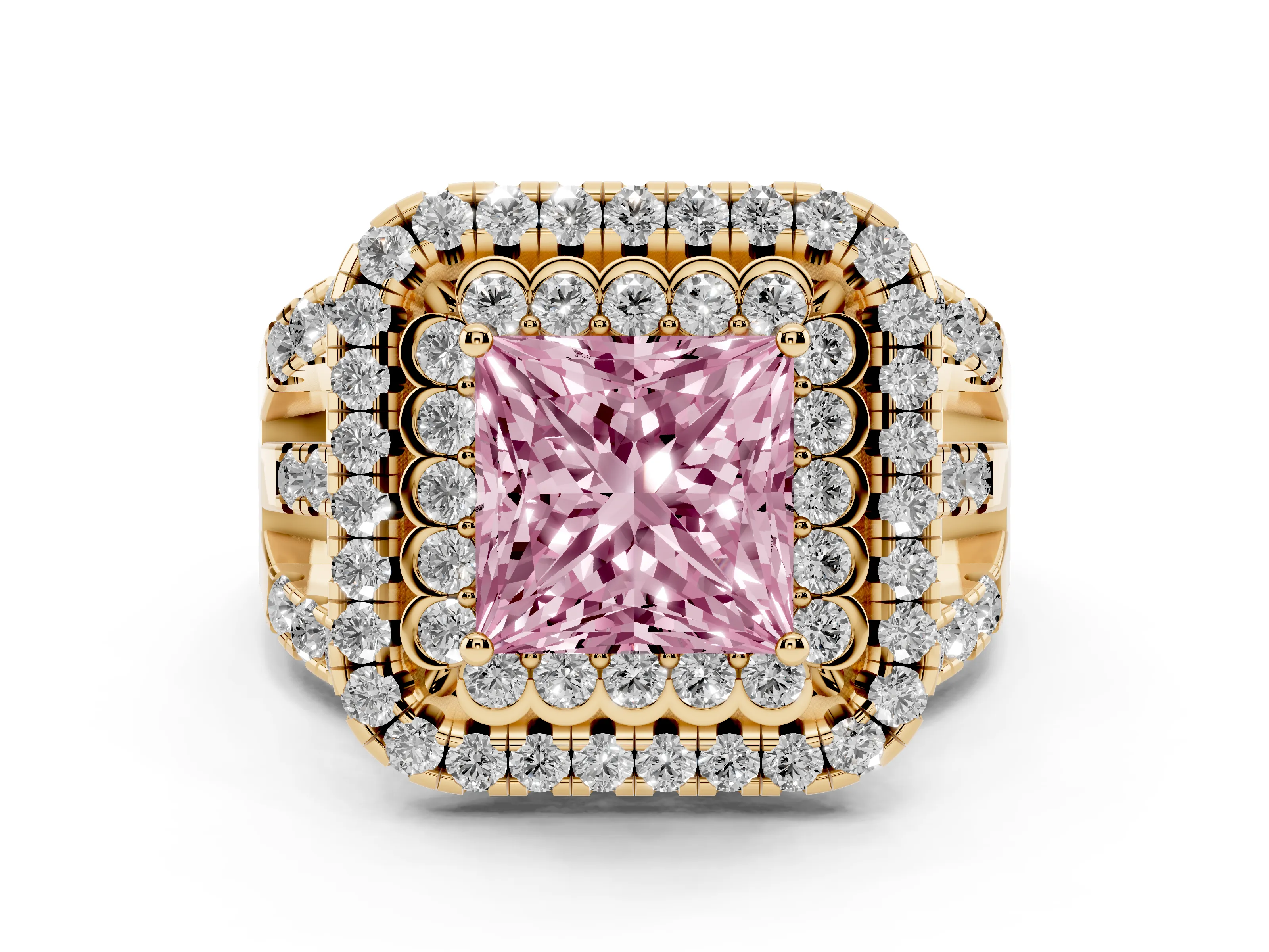 Fancy Pink Princess Cut Diamond Double Halo Ring Set in Yellow gold with Round Pavé Split Shank