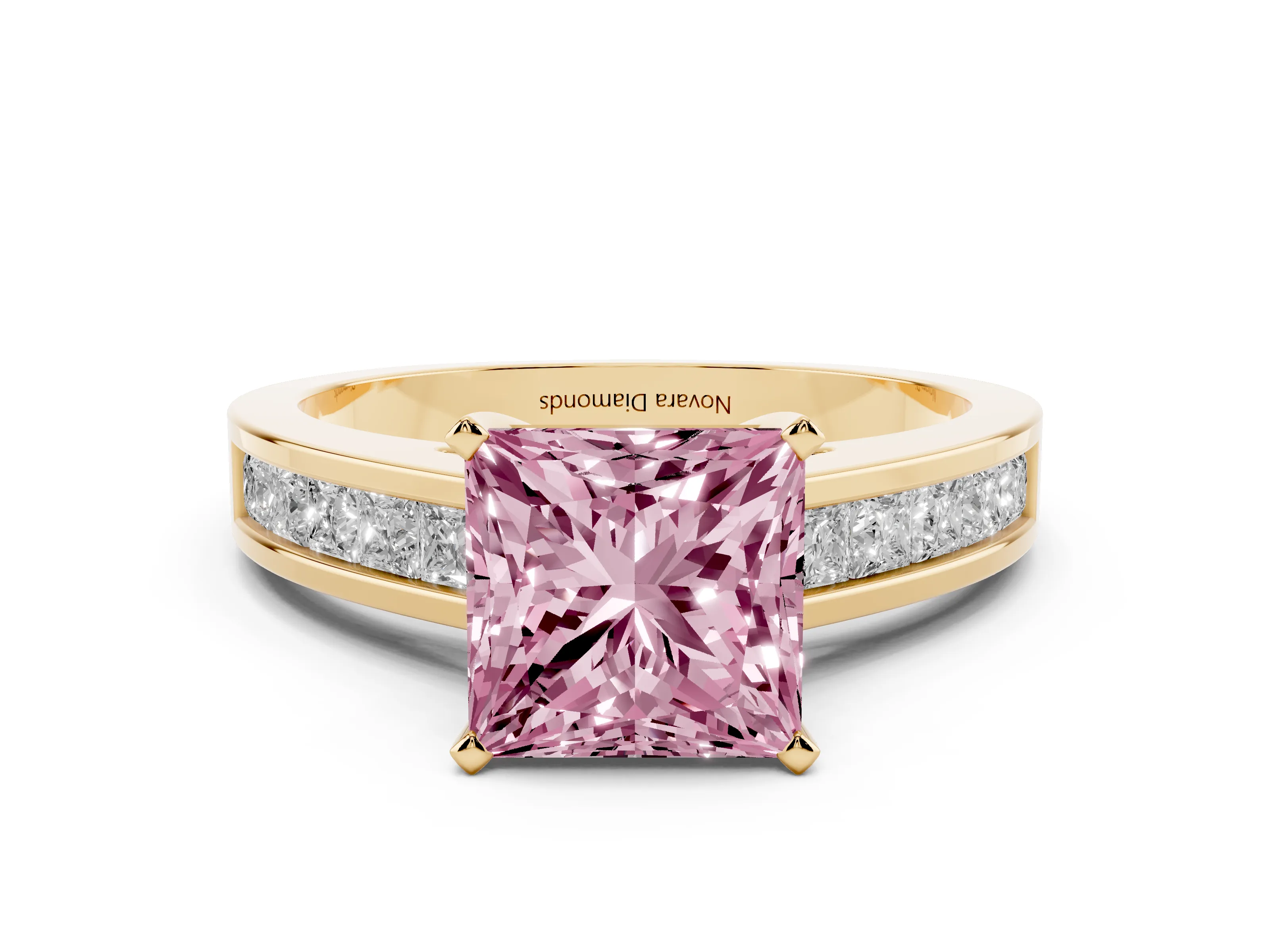 Fancy Pink Princess Cut Diamond Solitaire Ring Set in Yellow gold with Channel-Set Band and Prong Setting